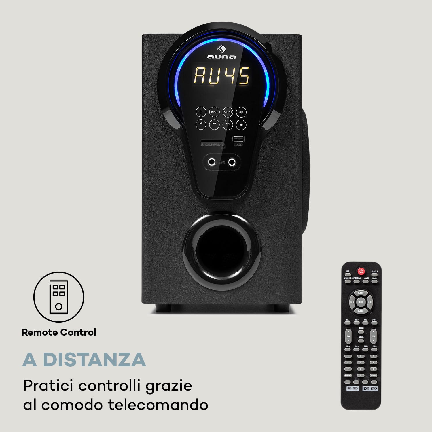 Areal 525 DG, sistema surround 5.1, 125W RMS, ingresso ottico, BT, USB, SD, AUX, telecomando Nero