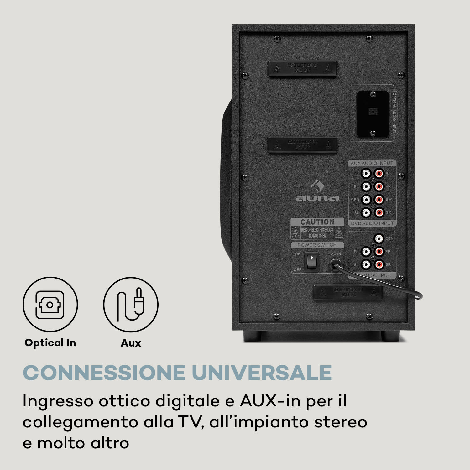 Areal 525 DG, sistema surround 5.1, 125W RMS, ingresso ottico, BT, USB, SD, AUX, telecomando Nero