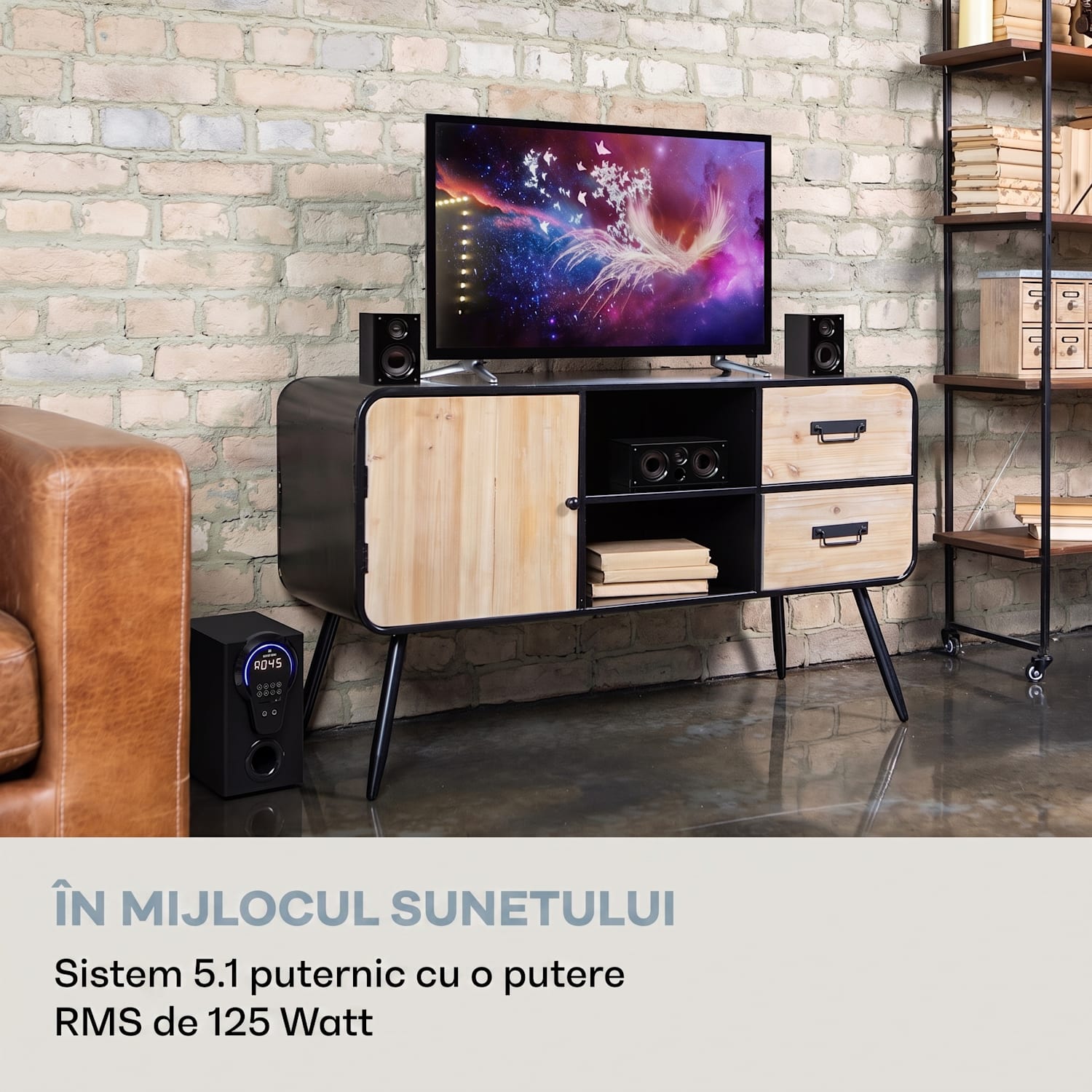 Areal 525 DG, sistem home cinema 5.1, 125 W RMS, intrare optică, BT, USB, SD, AUX, telecomandă Negru