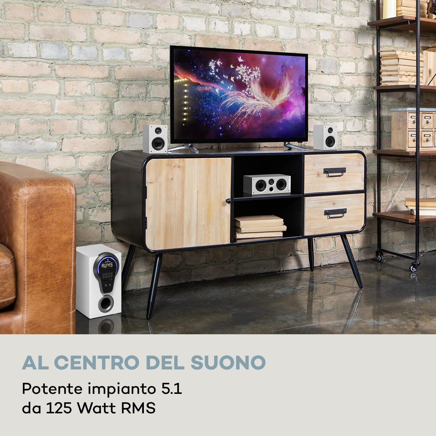 Areal 525 DG, sistema surround 5.1, 125W RMS, ingresso ottico, BT, USB, SD, AUX, telecomando Bianco