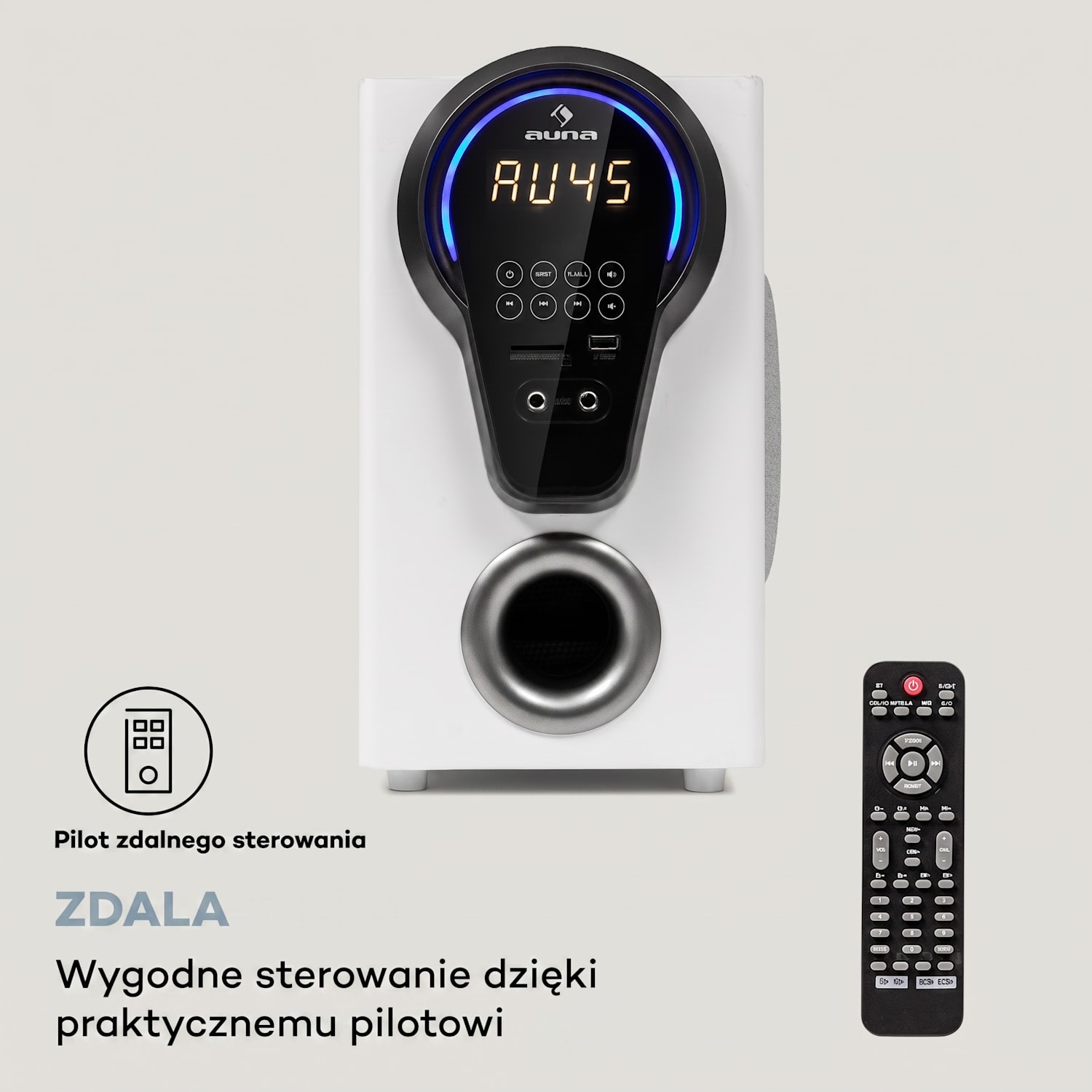 Areal 525 DG, kino domowe 5.1, 125 W RMS, wejście optyczne, Bluetooth, USB, SD, AUX, pilot zdalnego sterowania Biały
