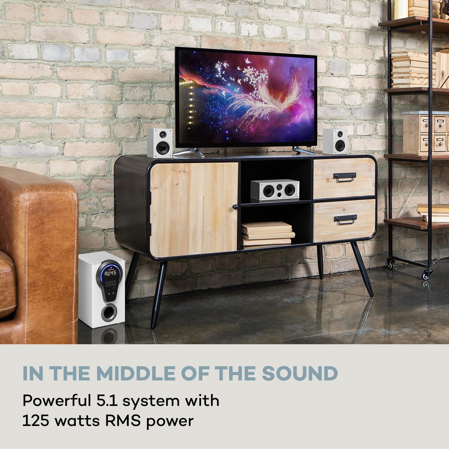 Areal 525 DG, 5.1 házimozi rendszer, 125 W RMS, optikai bemenet, BT, USB, SD, AUX, távirányító Fehér