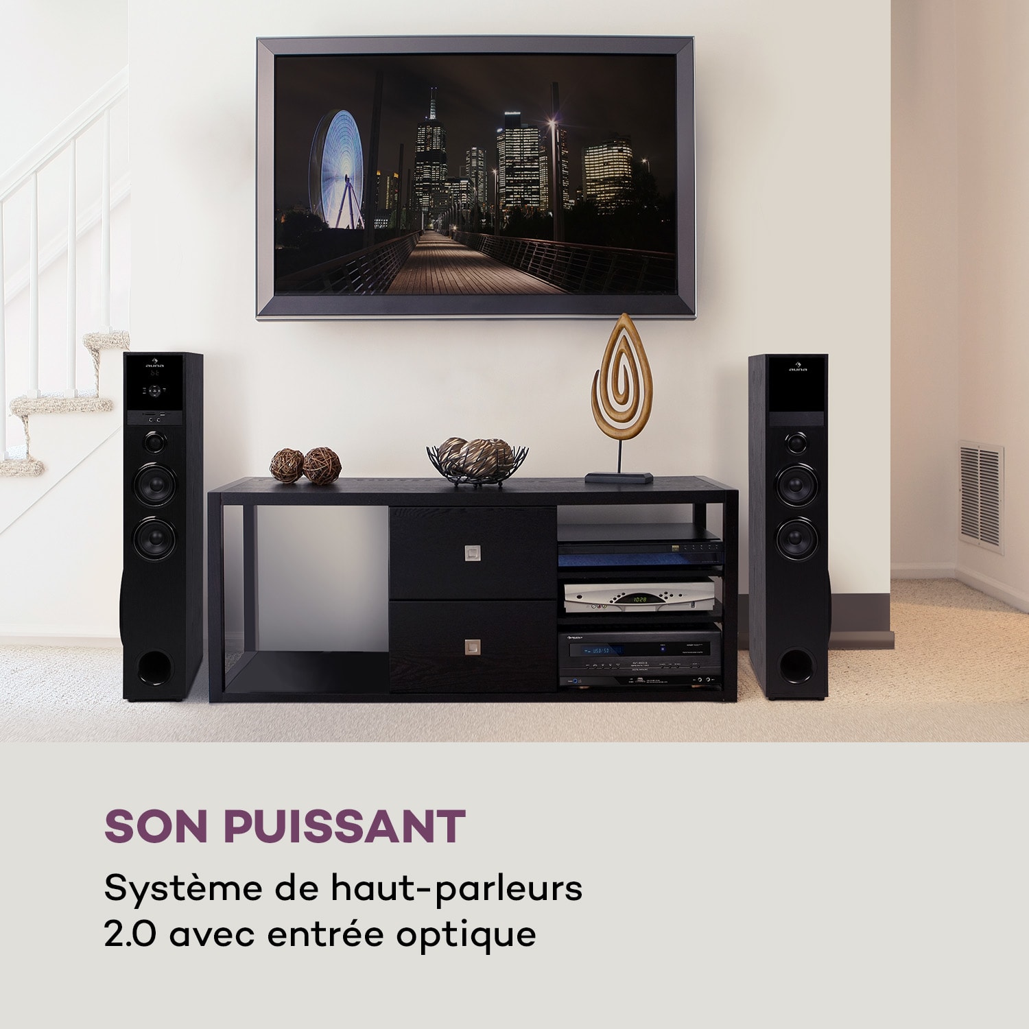 Auna Line 200A Enceintes sur pied 3 voies 2 x 80 Watt RMS Hauteur : 92 cm 