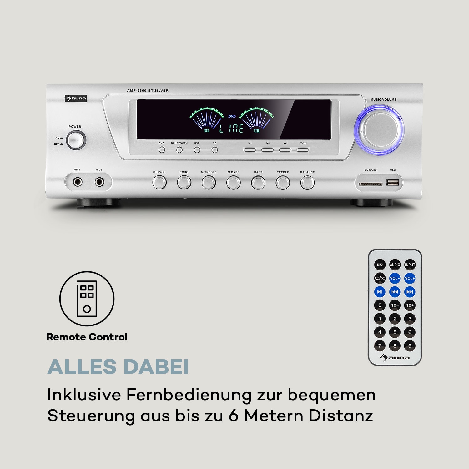 AMP 3800 BT 5.0-HiFi-Verstärker 2x120 W + 3x50 W RMS BT Silber-Metallic
