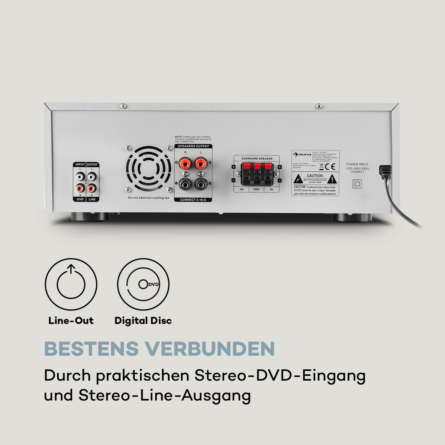 AMP 3800 BT 5.0-HiFi-Verstärker 2x120 W + 3x50 W RMS BT Silber-Metallic