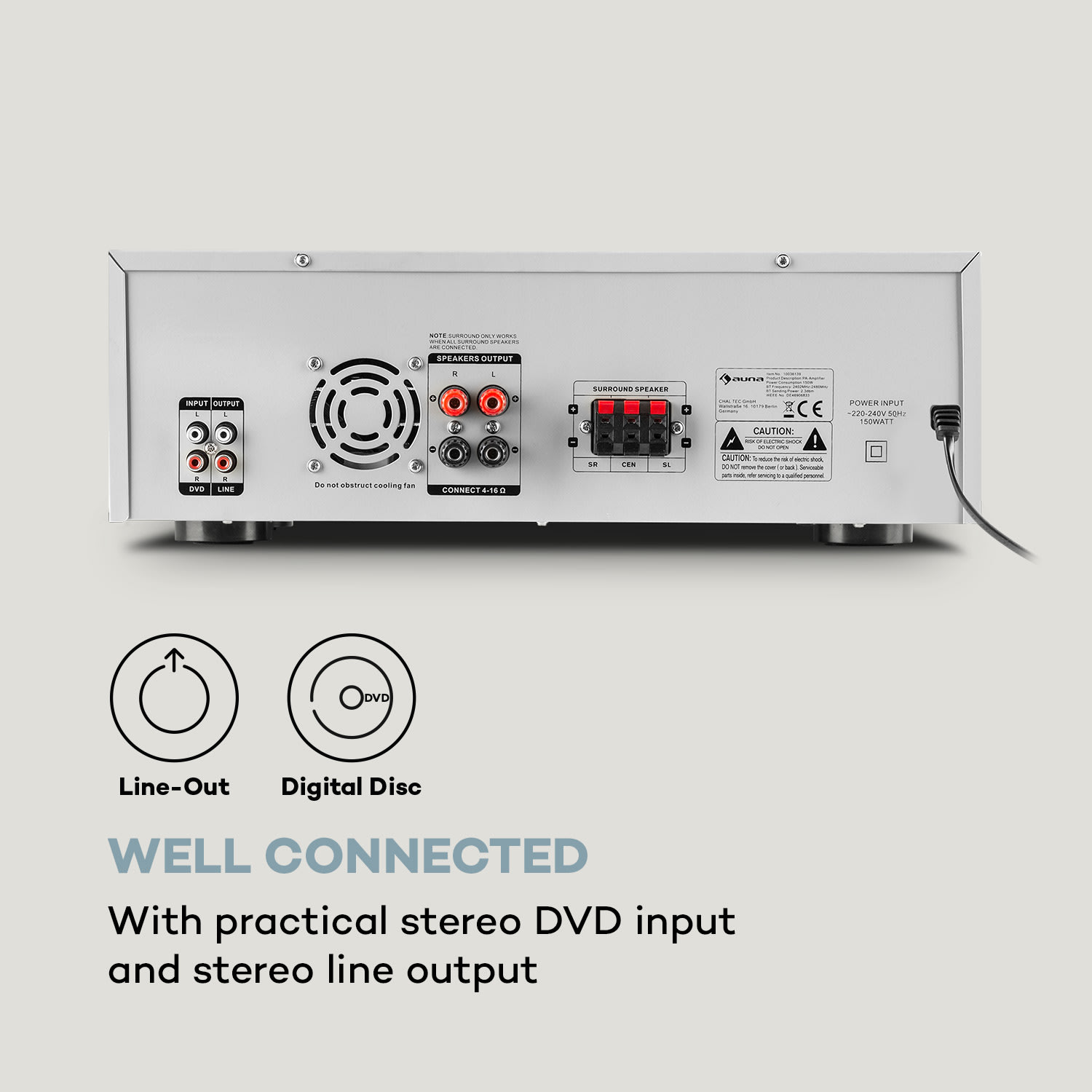 AMP 3800 BT, 5.0 Amplificator HiFi, 2 x 120W + 3 x 50W, RMS, BT Argintiu metalizat