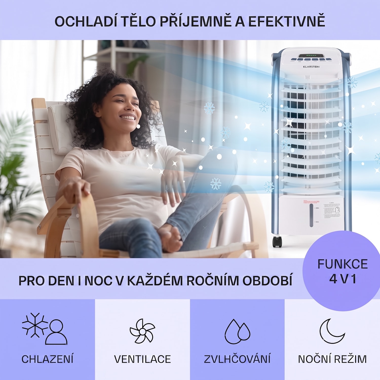 Maxfresh, ochlazovač vzduchu, ventilátor, 3 v 1, 6 l, 65W, 4 v 1,dálkové ovládání, 2 chladicí souprava 444 m³/h | Ne | Bílá / Modrá