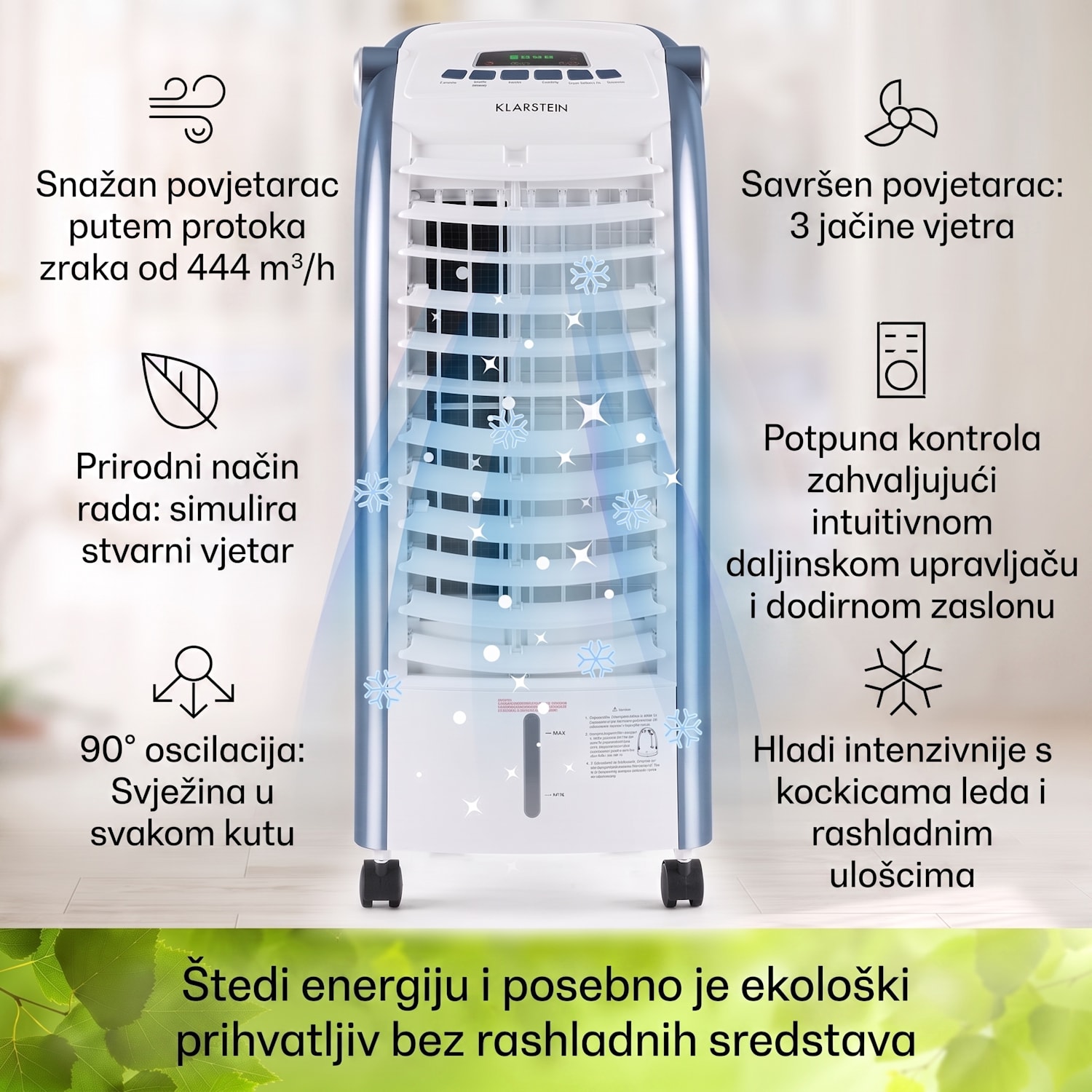 Maxfresh, rashlađivač zraka, ventilator, 3 v 1, 6 l, 65W, daljinski upravljač, 2 x spremnika za led 444 m³/h | Ne | Bijela / Plava