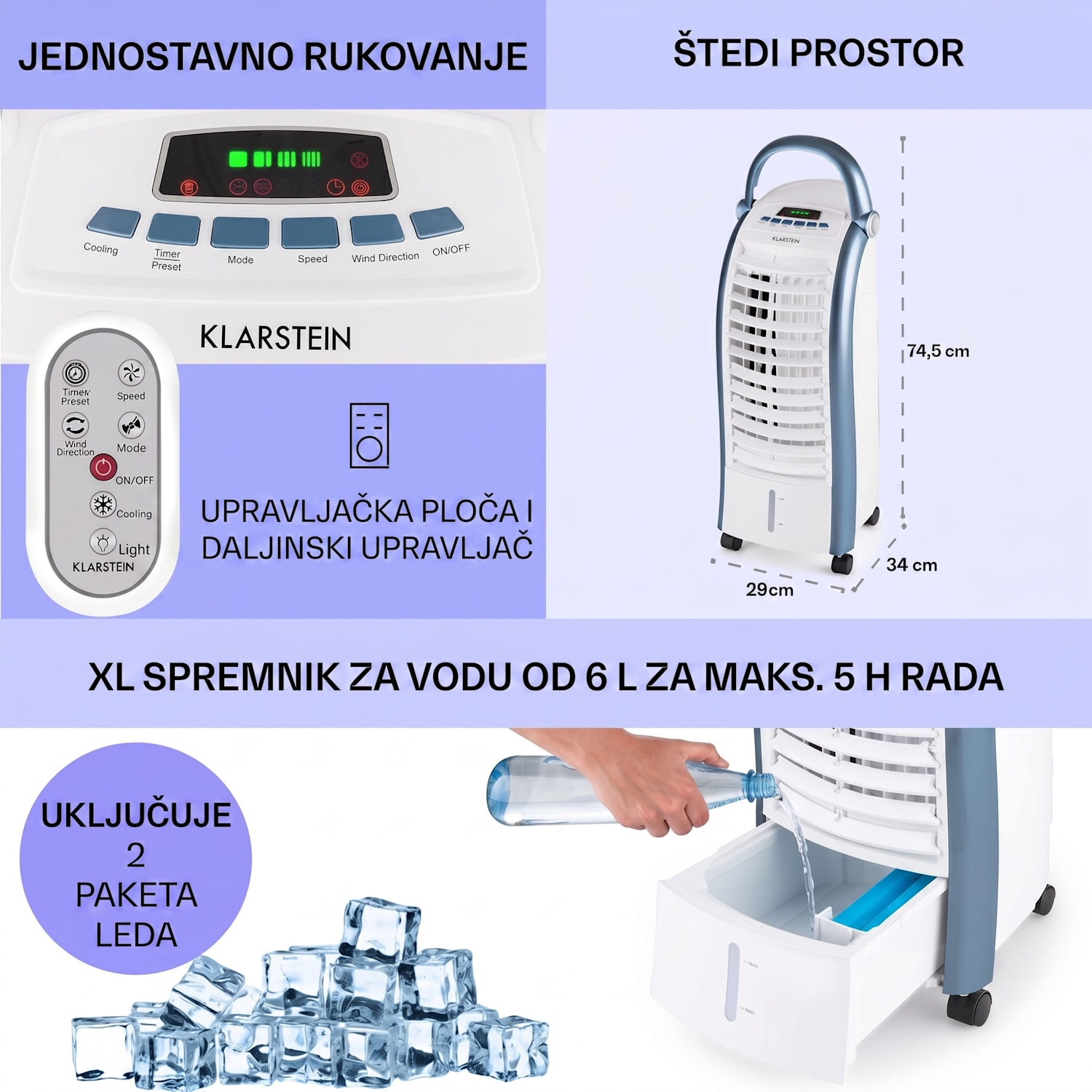 Maxfresh, rashlađivač zraka, ventilator, 3 v 1, 6 l, 65W, daljinski upravljač, 2 x spremnika za led 444 m³/h | Ne | Bijela / Plava