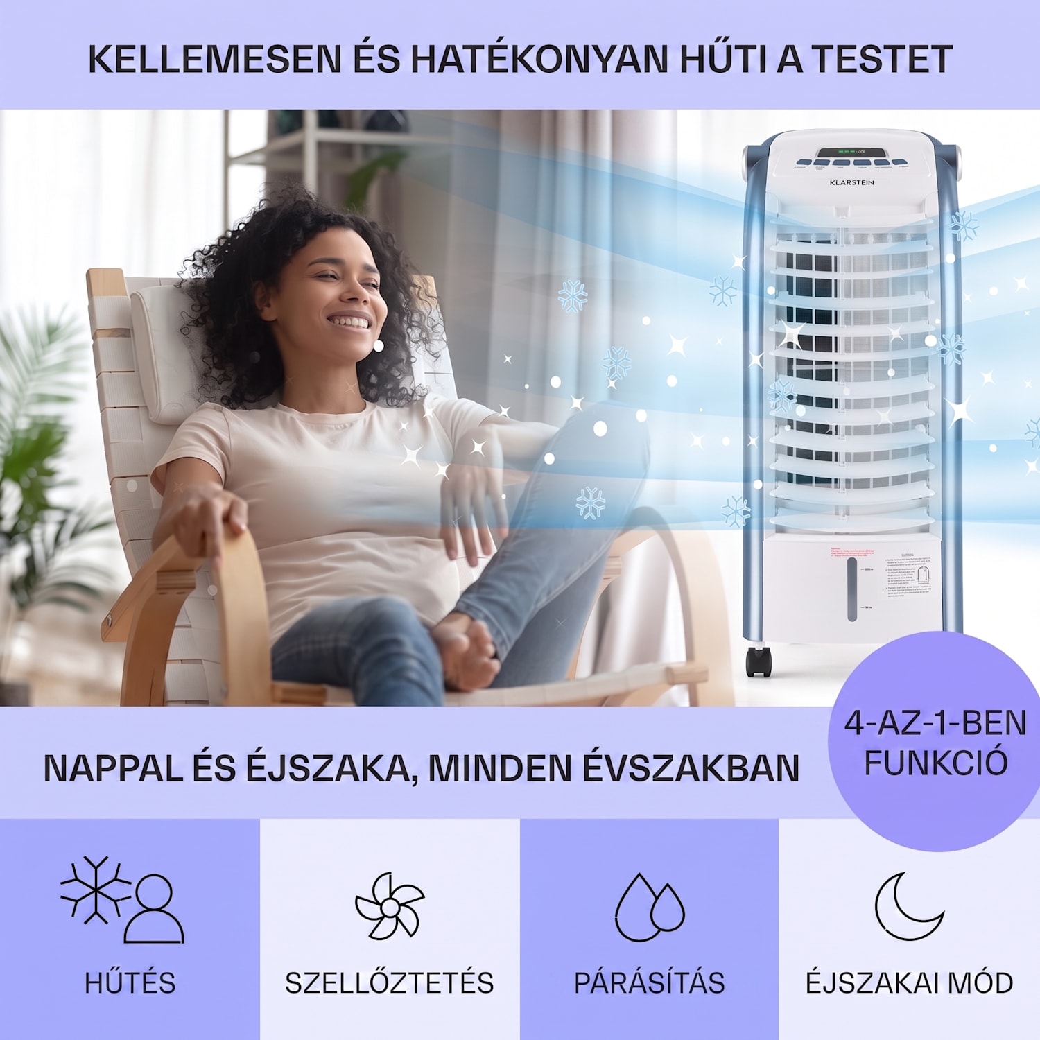 Maxfresh, ventilátor, léghűtő, 3 v 1, 6L, 65W, távirányító, 2 x jégcsomag 444 m³/h | Nem | Fehér / Kék