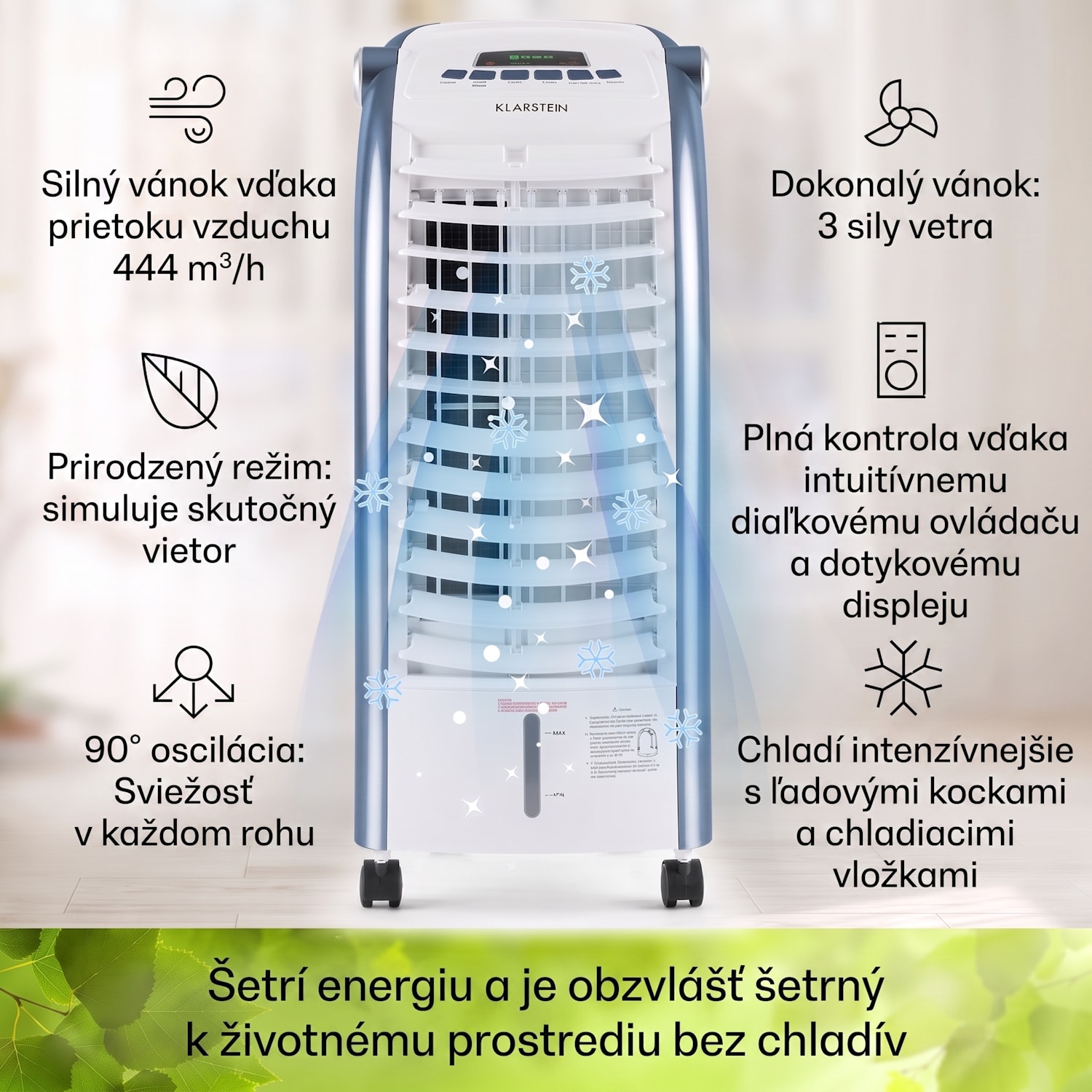 Maxfresh, 3 v 1 ochladzovač vzduchu, ventilátor, 65 W, 6 l, diaľkový ovládač, 2 x chladiaci box 444 m³/h | Nie | Biela / Modrá