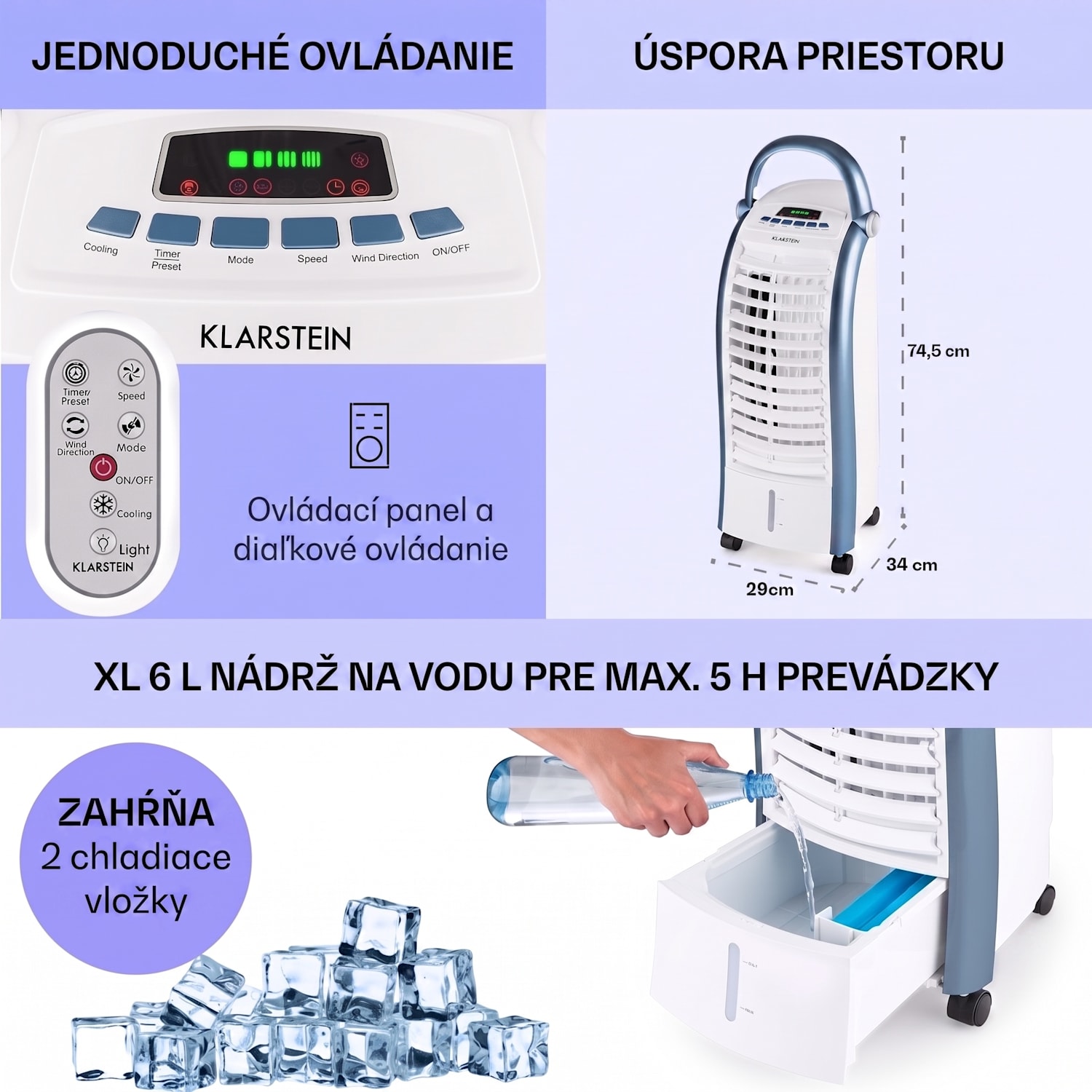 Maxfresh, 3 v 1 ochladzovač vzduchu, ventilátor, 65 W, 6 l, diaľkový ovládač, 2 x chladiaci box 444 m³/h | Nie | Biela / Modrá
