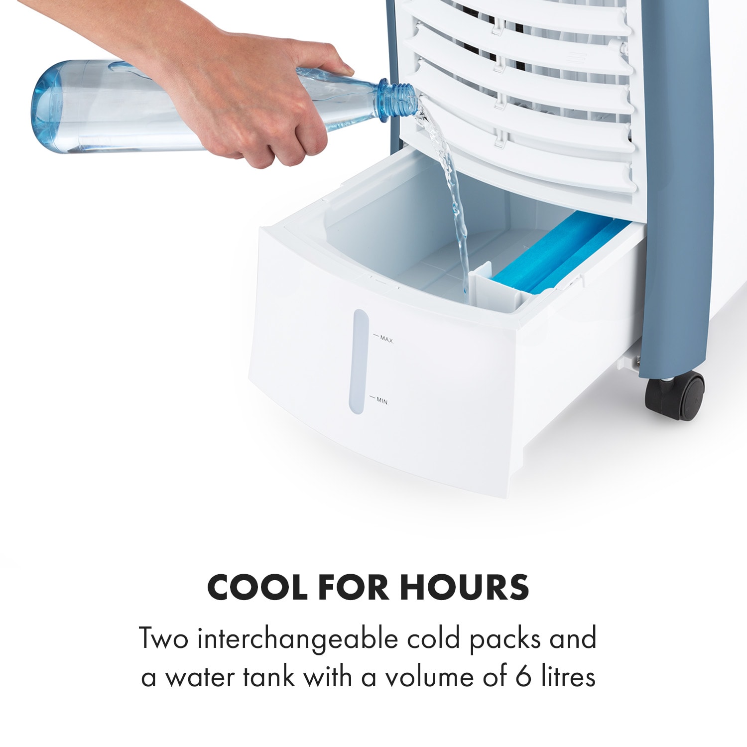 Maxfresh, 3 v 1 ochladzovač vzduchu, ventilátor, 65 W, 6 l, diaľkový ovládač, 2 x chladiaci box 444 m³/h | Nie | Biela / Modrá