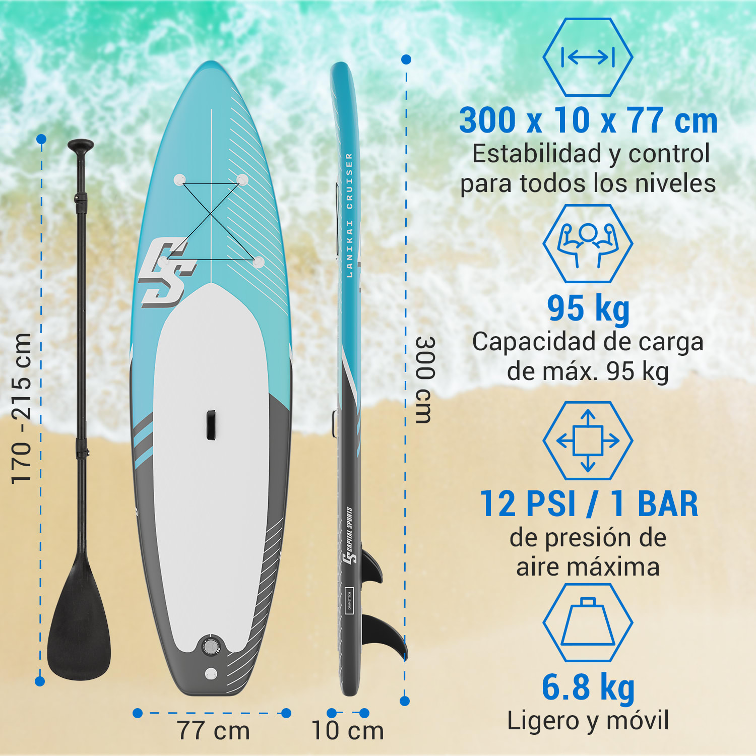 Lanikai Cruiser 9.8 Tabla de SUP inflable Juego de tabla SUP 305x77x10 Azul / negro