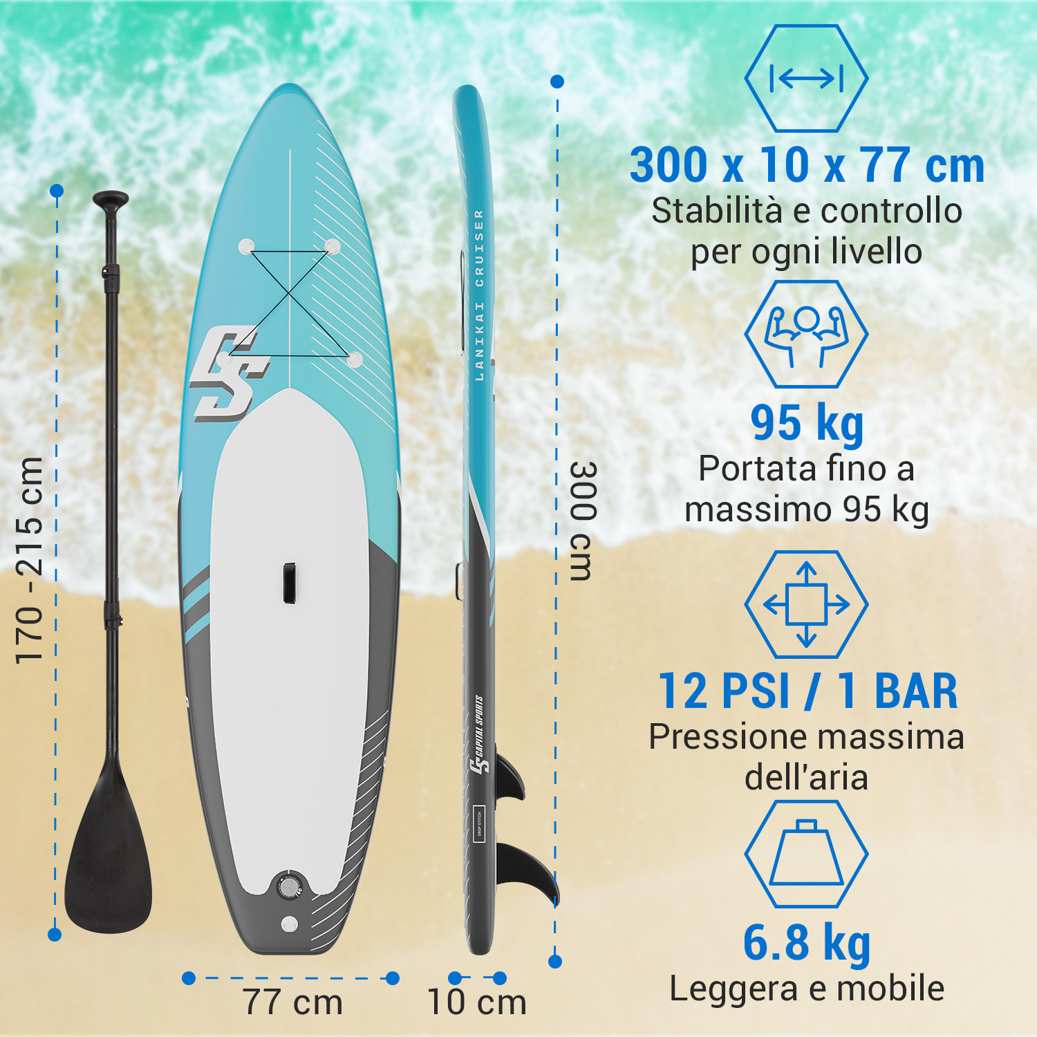 Lanikai Cruiser 9.8 - Set tavola SUP gonfiabile, 305x77x10 Nero / Blu