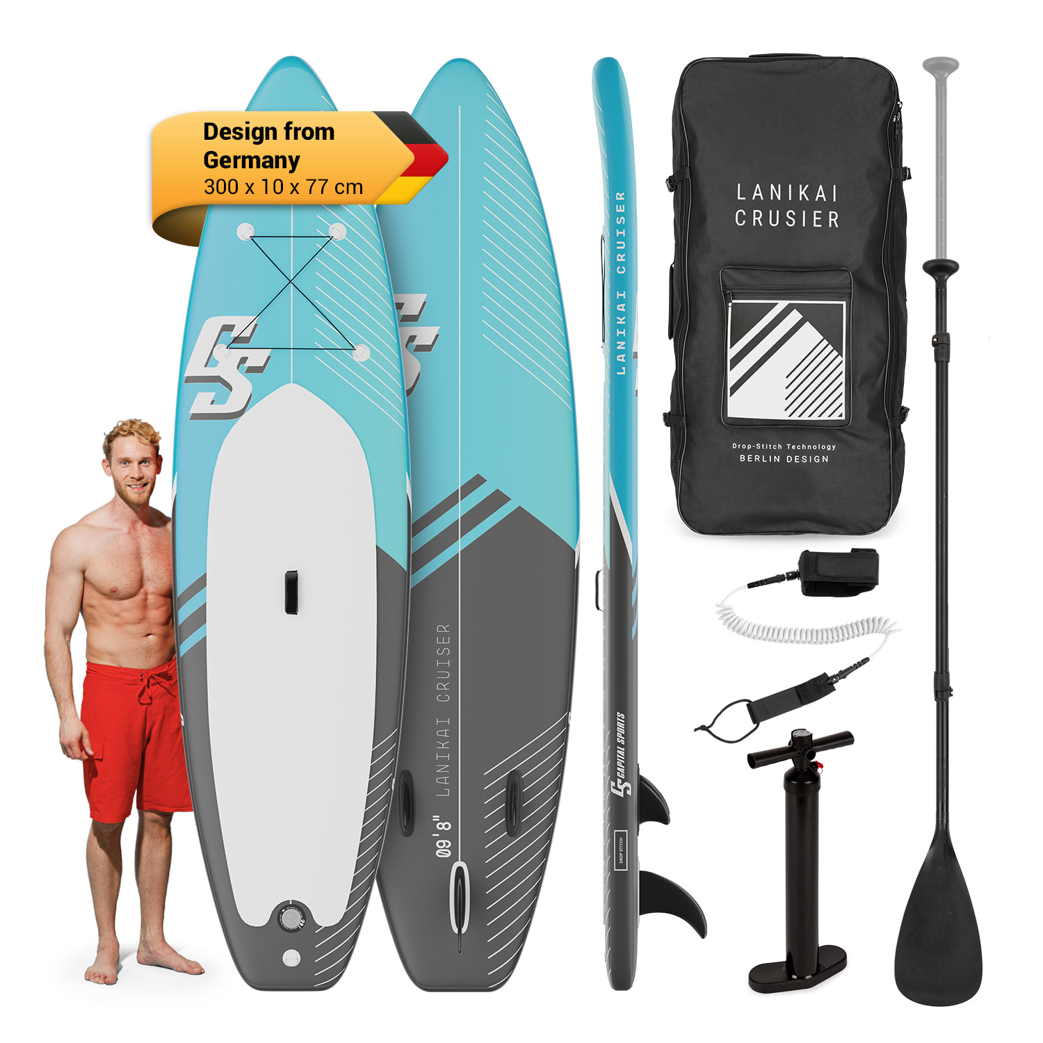 Lanikai Cruiser 9.8, felfújható paddle board, készlet SUP deszkával, 305 x 77 x 10 Fekete / kék