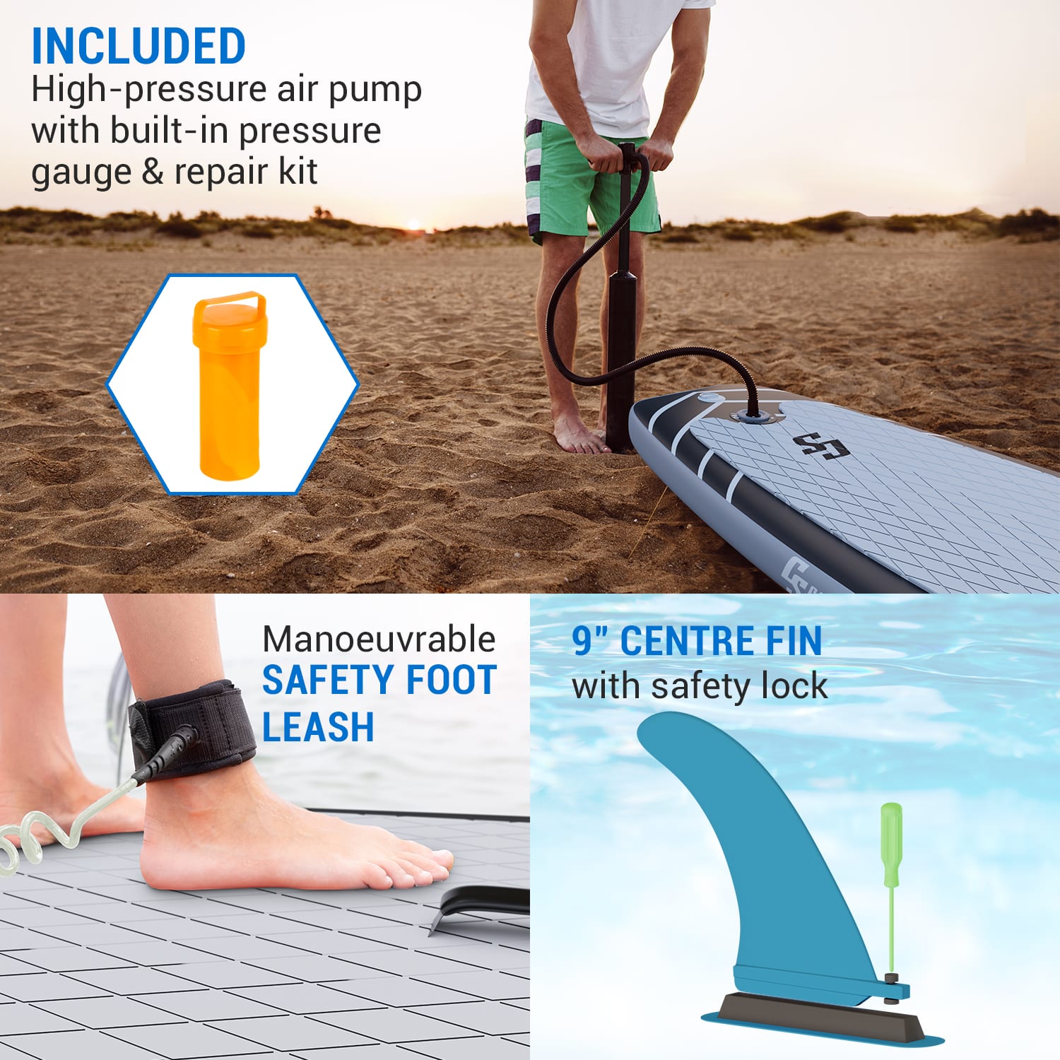 Lanikai Cruiser 9.8, felfújható paddle board, készlet SUP deszkával, 305 x 77 x 10 Fekete / kék