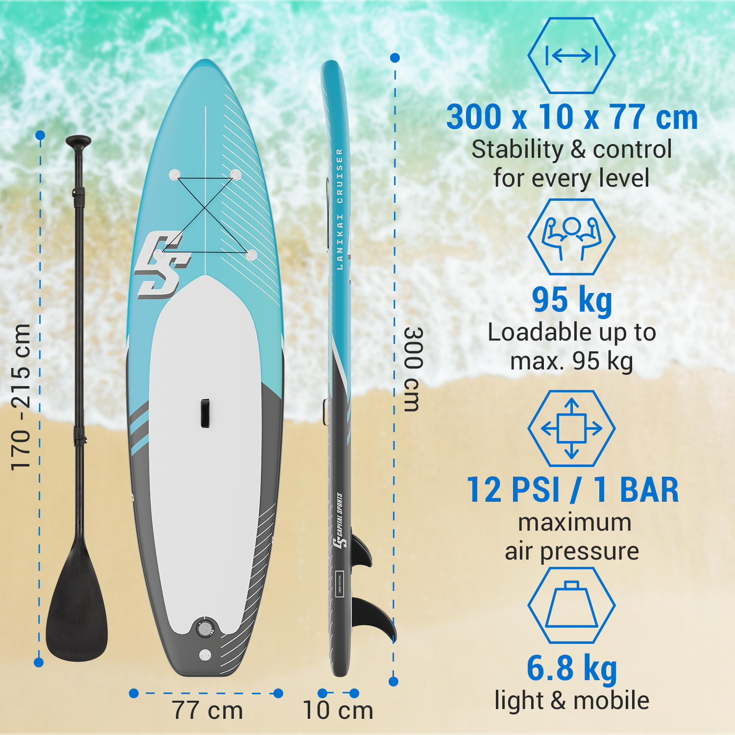 Lanikai Cruiser 9.8, felfújható paddle board, készlet SUP deszkával, 305 x 77 x 10 Fekete / kék