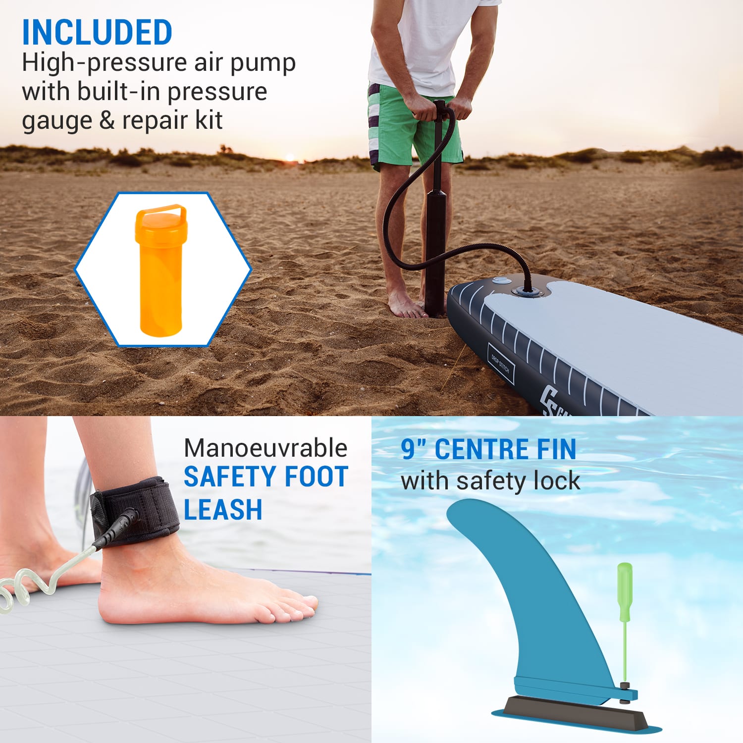 Lanikai Cruiser 10.8, felfújható paddle board, készlet SUP deszkával, 330 x 77 x 15 Fekete / kék