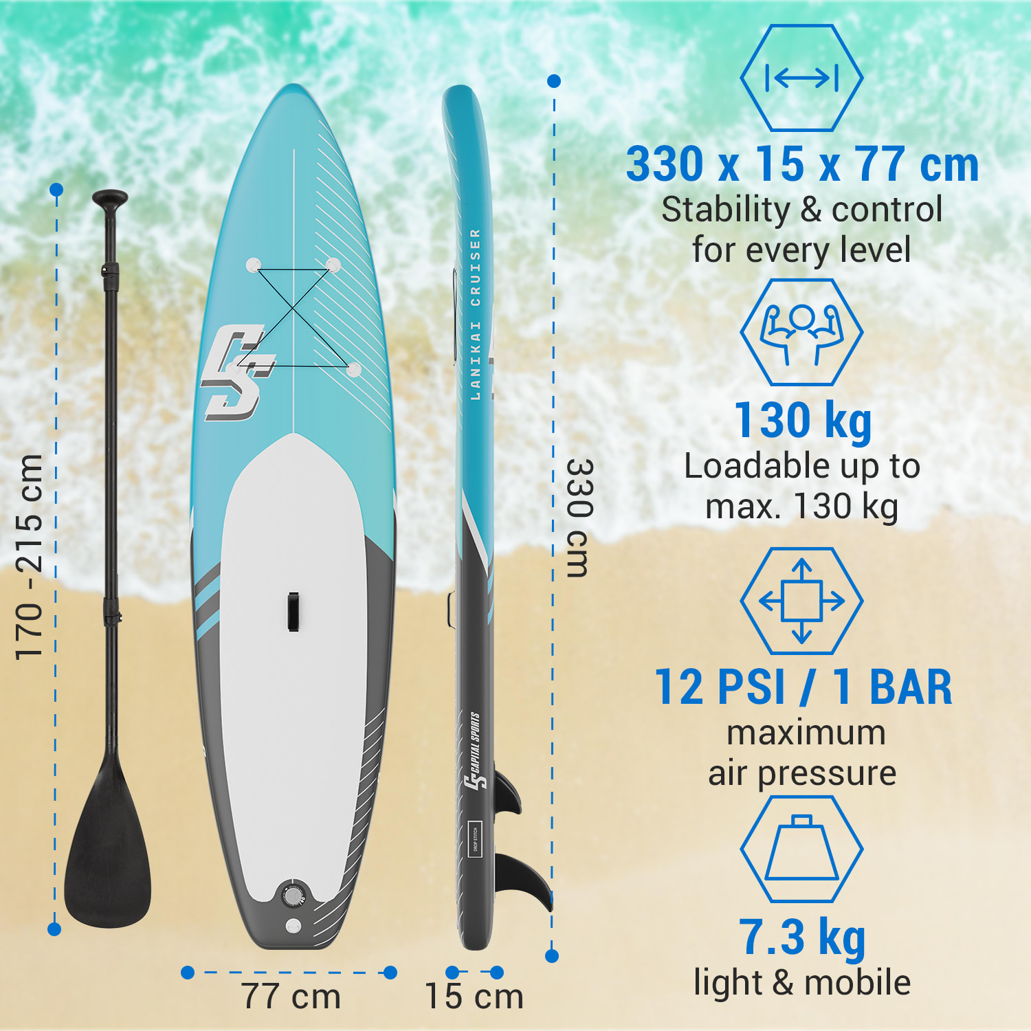 Lanikai Cruiser 10.8, felfújható paddle board, készlet SUP deszkával, 330 x 77 x 15 Fekete / kék