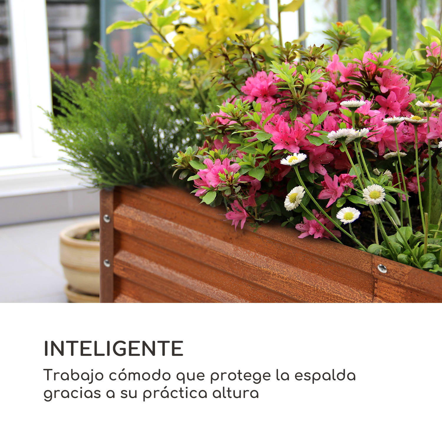 Mesa de cultivo Rust Grow Chapa de acero galvanizada Acabado de óxido 100 x 100 x 60 cm