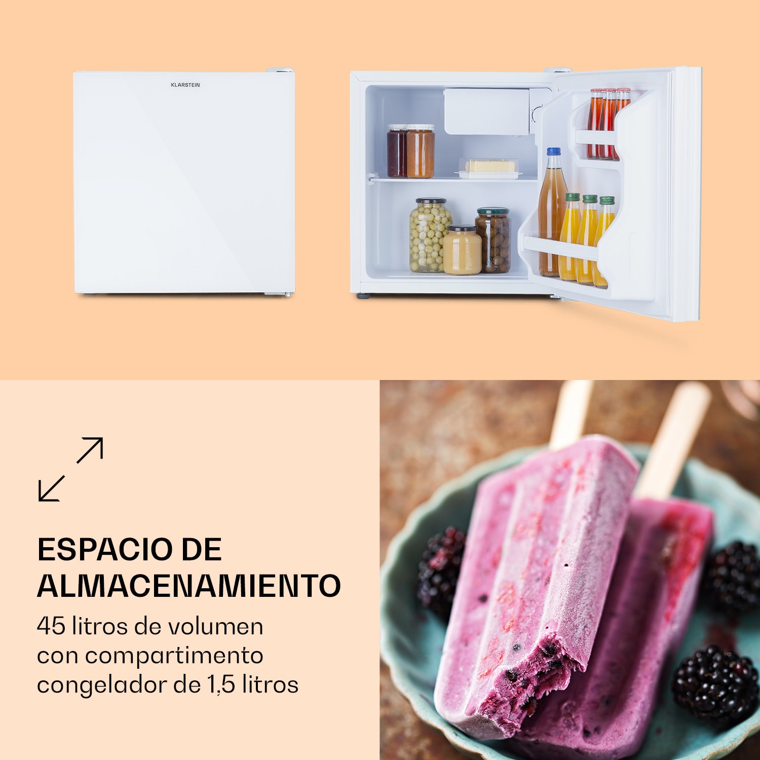 Mini nevera Luminance Frost 45l, clase de eficiencia energética F, congelador 1,5l, puerta de cristal Blanco