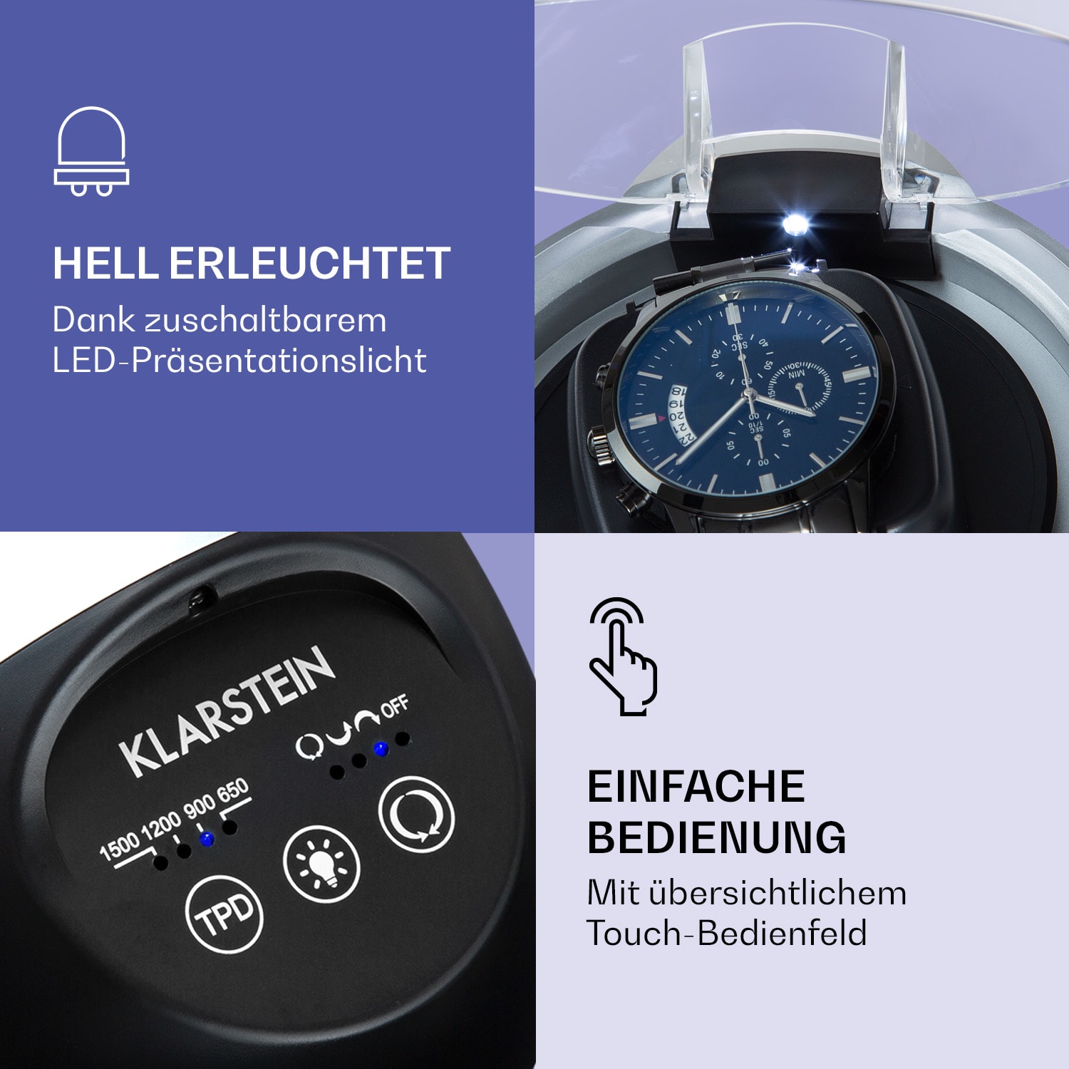 St. Gallen ll Premium Uhrenbeweger 4 Geschwindigkeiten 3 Rotationsmodi Silber-Metallic