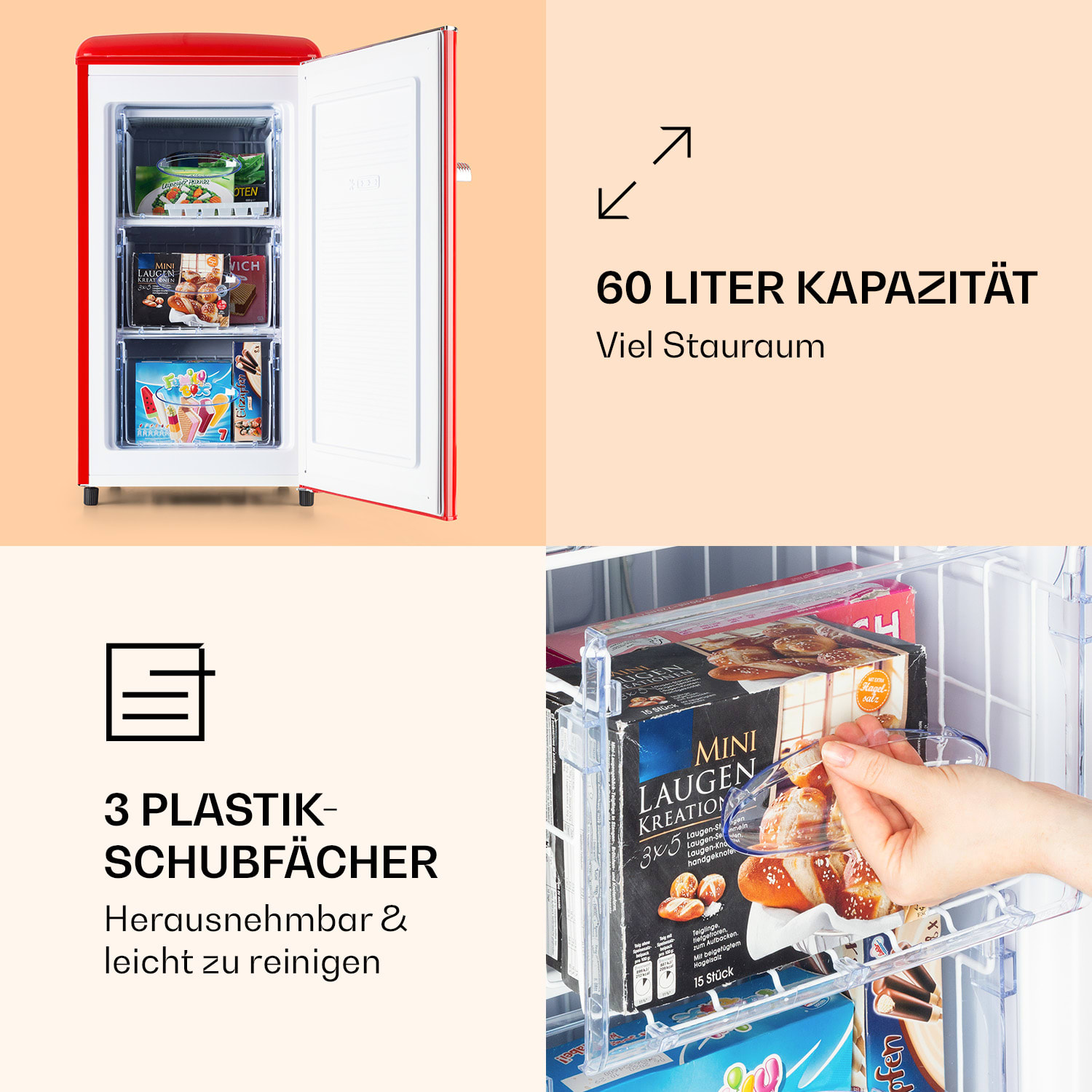Laika 60L Gefrierschrank 60 Liter 3 Schubladen Temperatur: -18 bis 0 °C Rot
