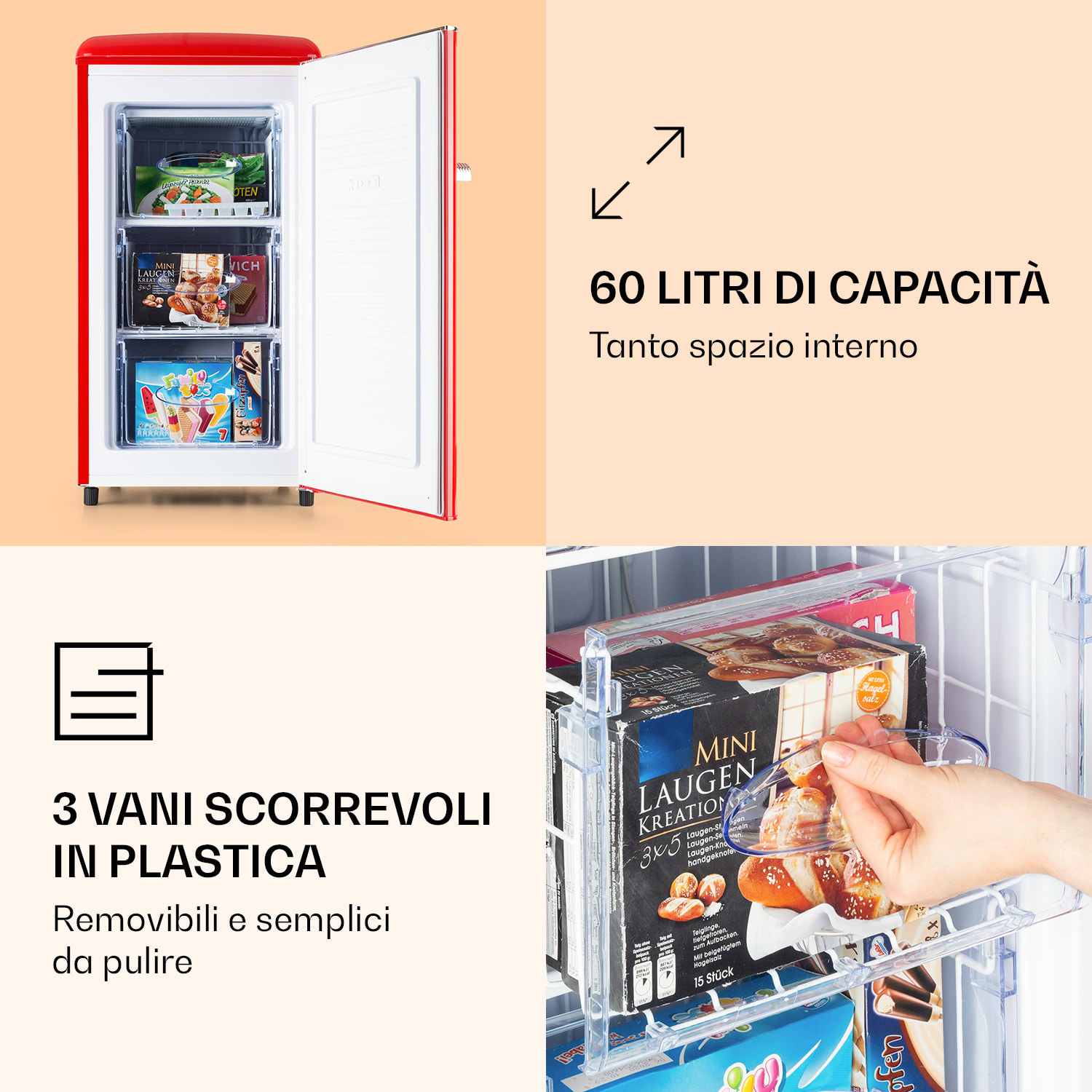 Laika 60L Freezer 60 litri 3 cassetti Temperatura: da -18 a 0 °C Rosso