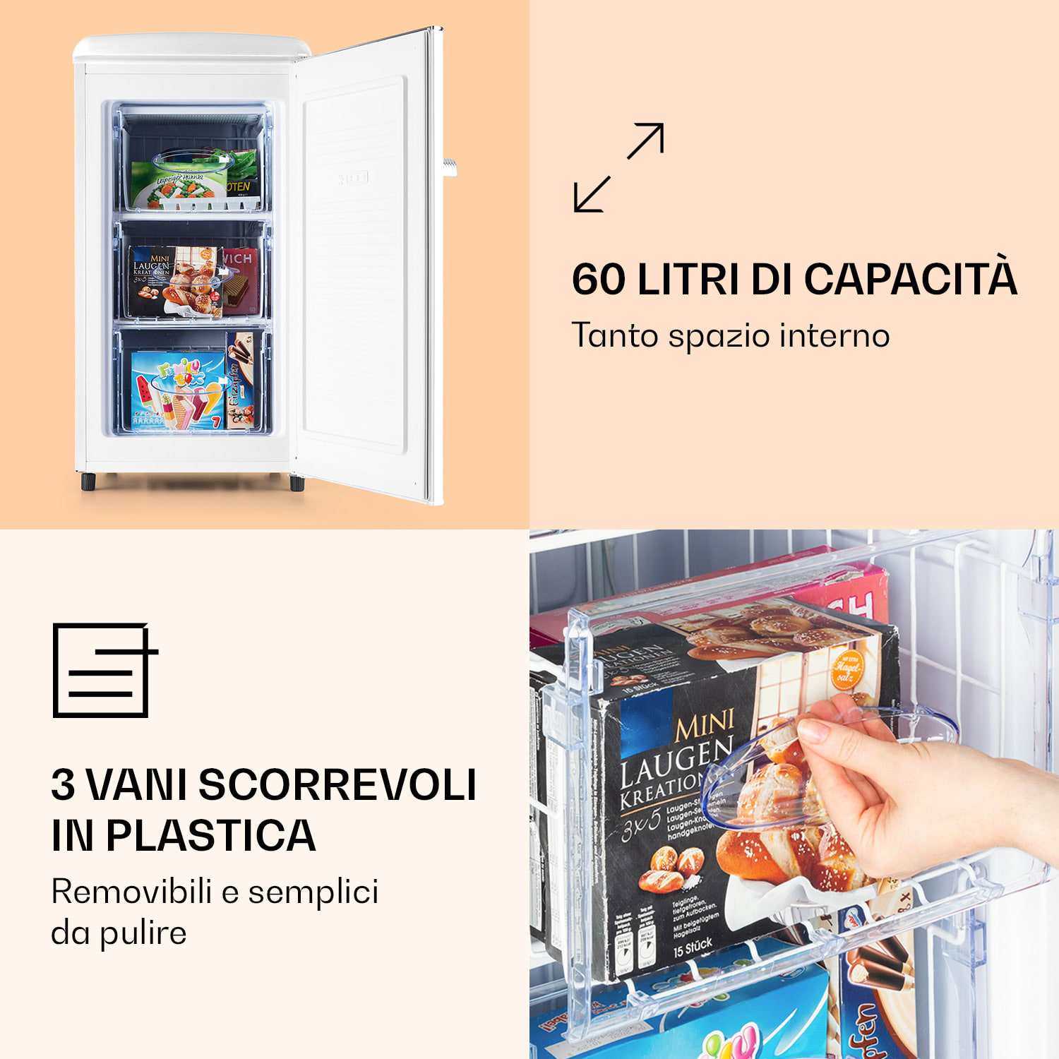 Laika 60L Freezer 60 litri 3 cassetti Temperatura: da -18 a 0 °C Crema