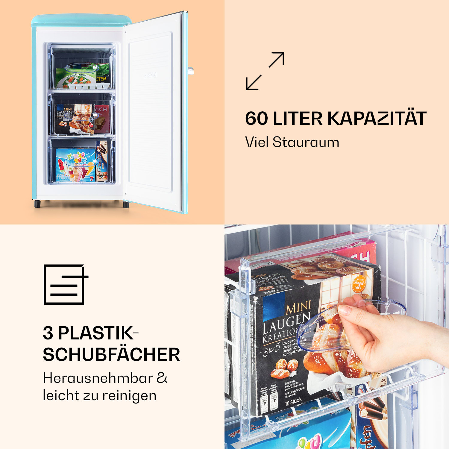 Laika 60L Gefrierschrank 60 Liter 3 Schubladen Temperatur: -18 bis 0 °C Pastellblau