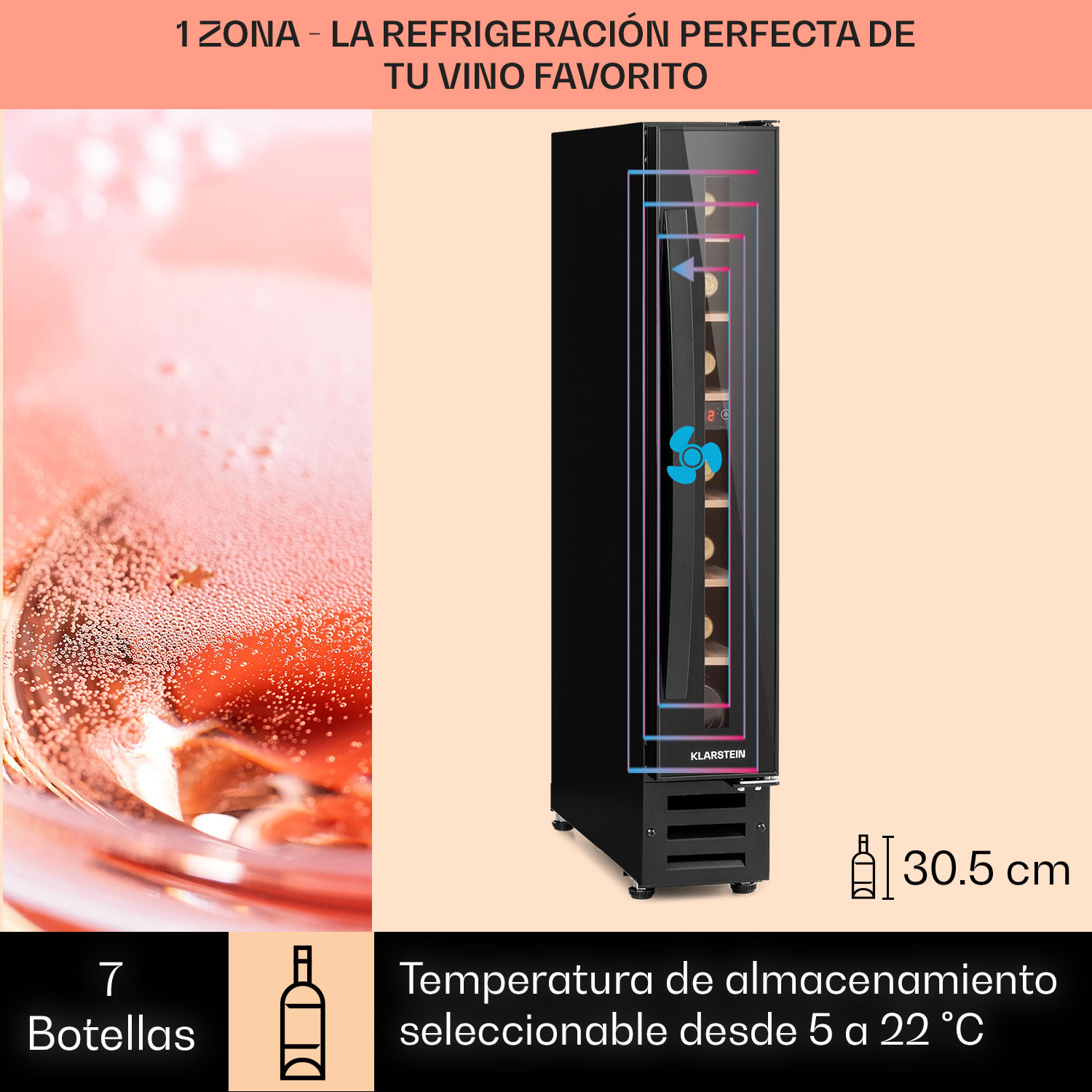 Vinovilla 7 Built-in Onyx Frigorífico integrado para vinos cristal negro Acero inoxidable 7 botellas | 1 zona de refrigeración | Negro