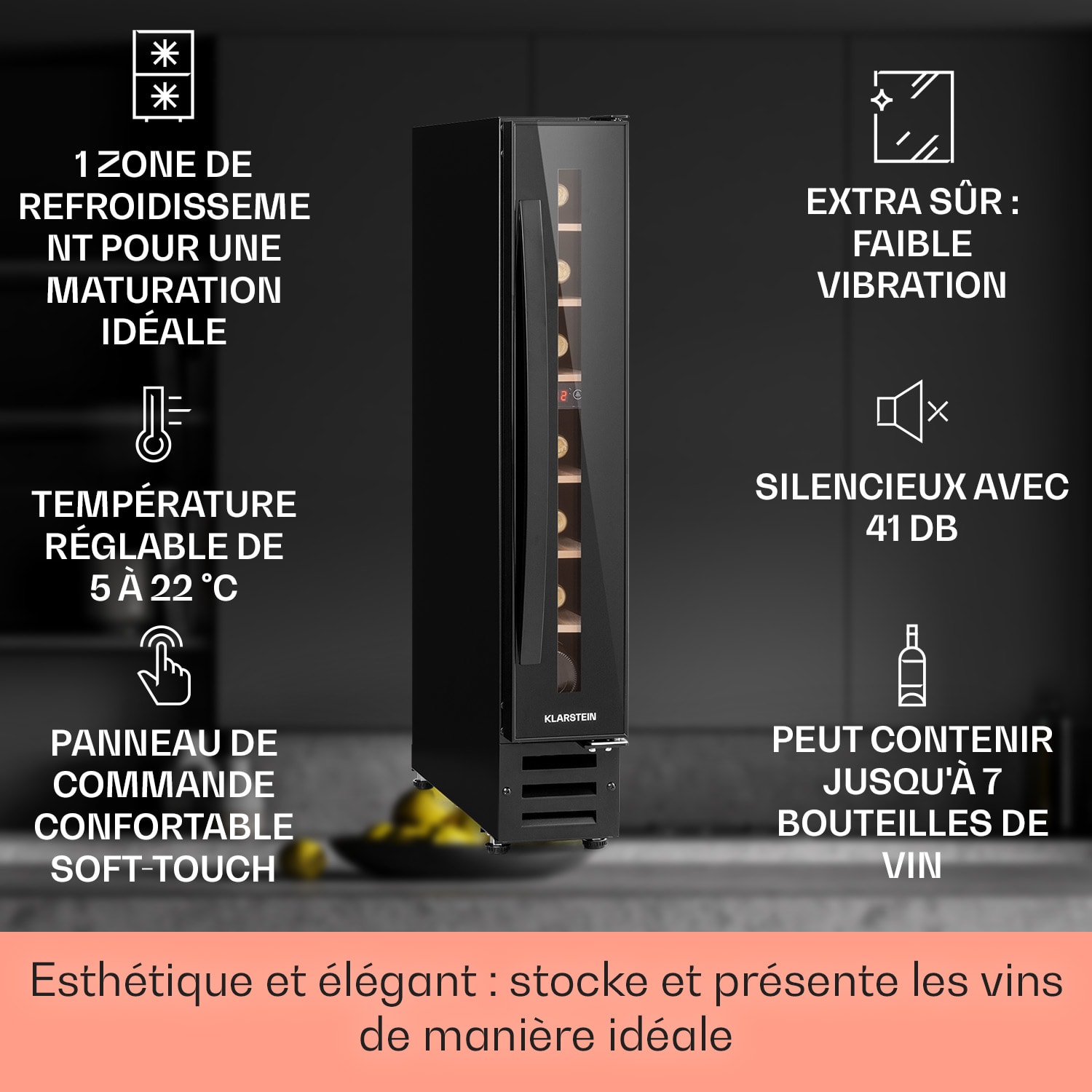Vinovilla 7 Built-in Uno Onyx Cave à vin encastrable verre noir inox 7 bouteilles | 1 zone de conservation | Noir