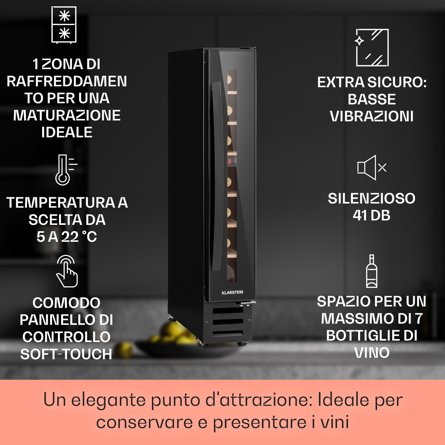 Vinovilla 7 Built-in Uno Onyx Frigorifero per vini da incasso nero vetro acciaio inox 7 bottiglie | 1 zona di raffreddamento | Nero