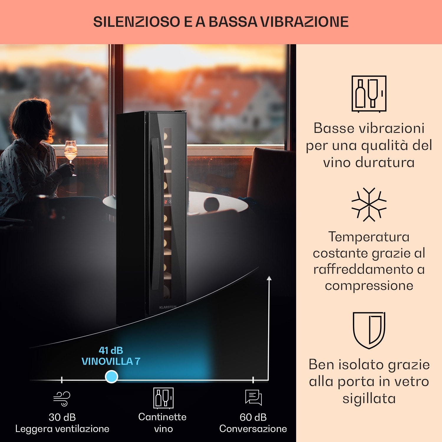 Vinovilla 7 Built-in Uno Onyx Frigorifero per vini da incasso nero vetro acciaio inox 7 bottiglie | 1 zona di raffreddamento | Nero
