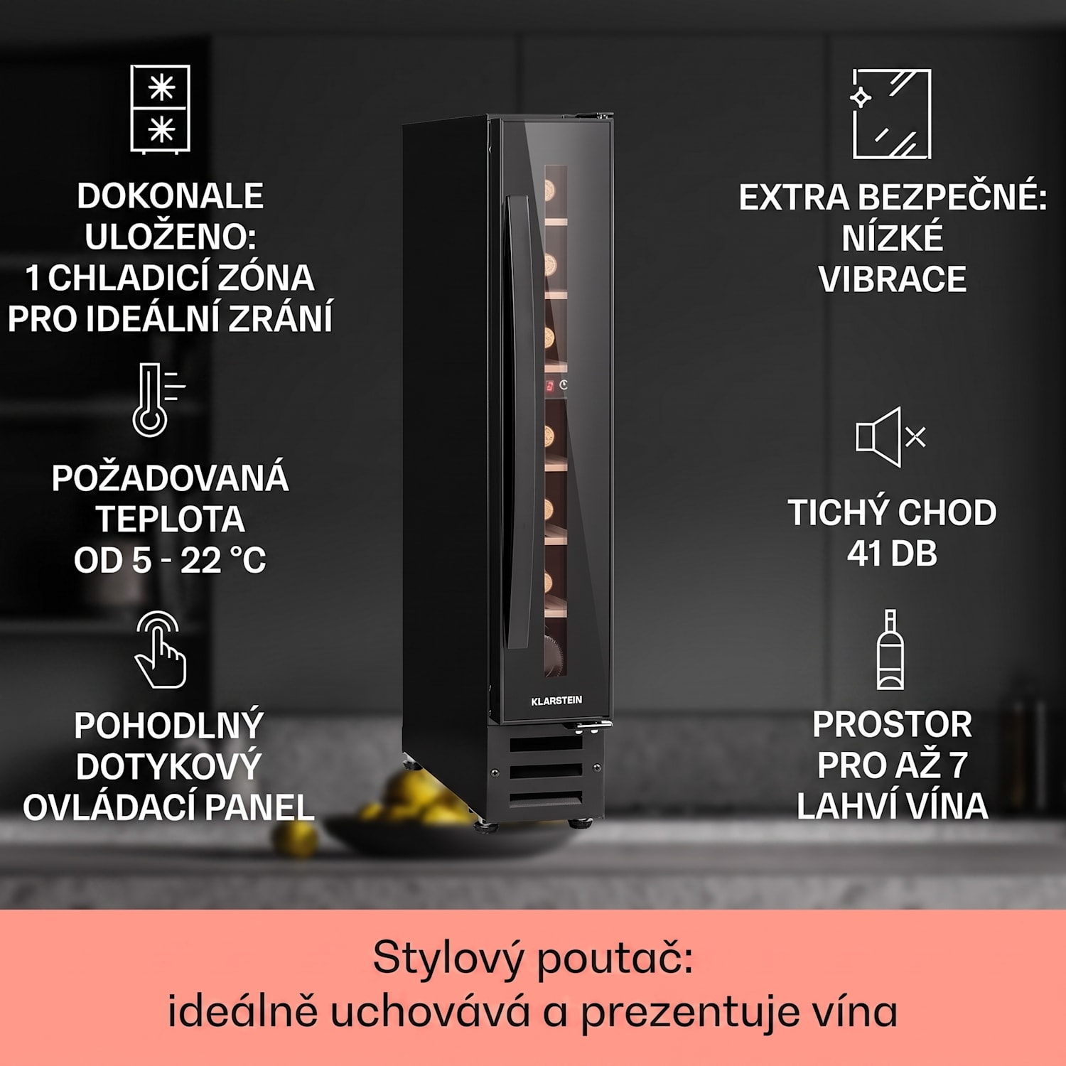 Vinovilla 7 Uno Onyx, vestavná vinotéka, černé sklo, nerezová ocel 7 lahví | 1 chladící zóna | Černá