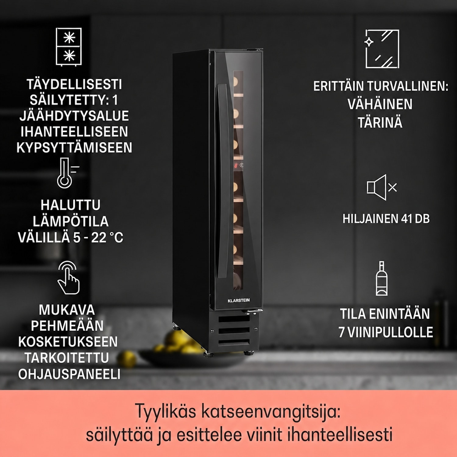 Vinovilla 7 Built-in Uno Onyx integroitava viinikaappi musta lasi ruostumaton teräs 7 pulloa | 1 jäähdytysalue | Musta