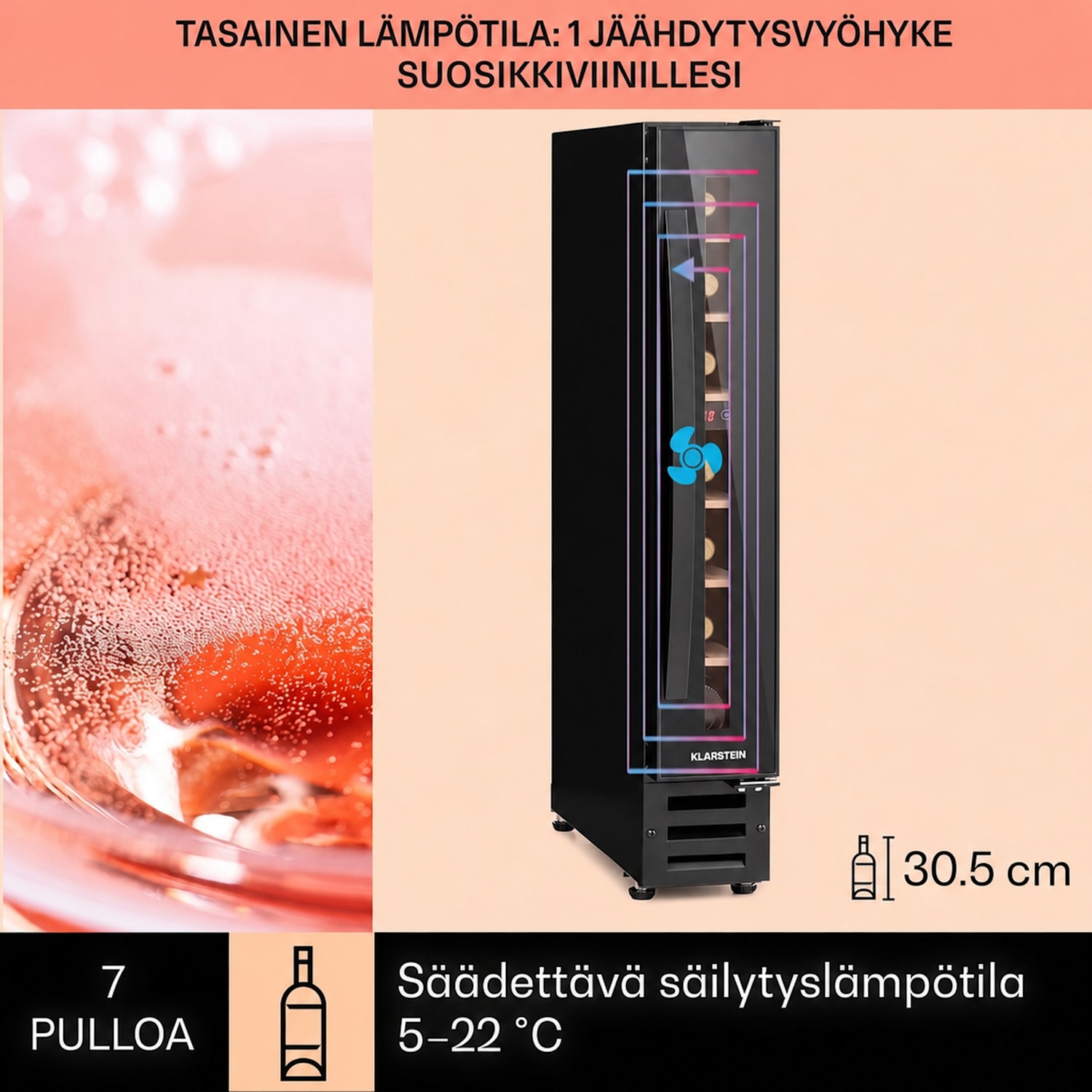 Vinovilla 7 Built-in Uno Onyx integroitava viinikaappi musta lasi ruostumaton teräs 7 pulloa | 1 jäähdytysalue | Musta