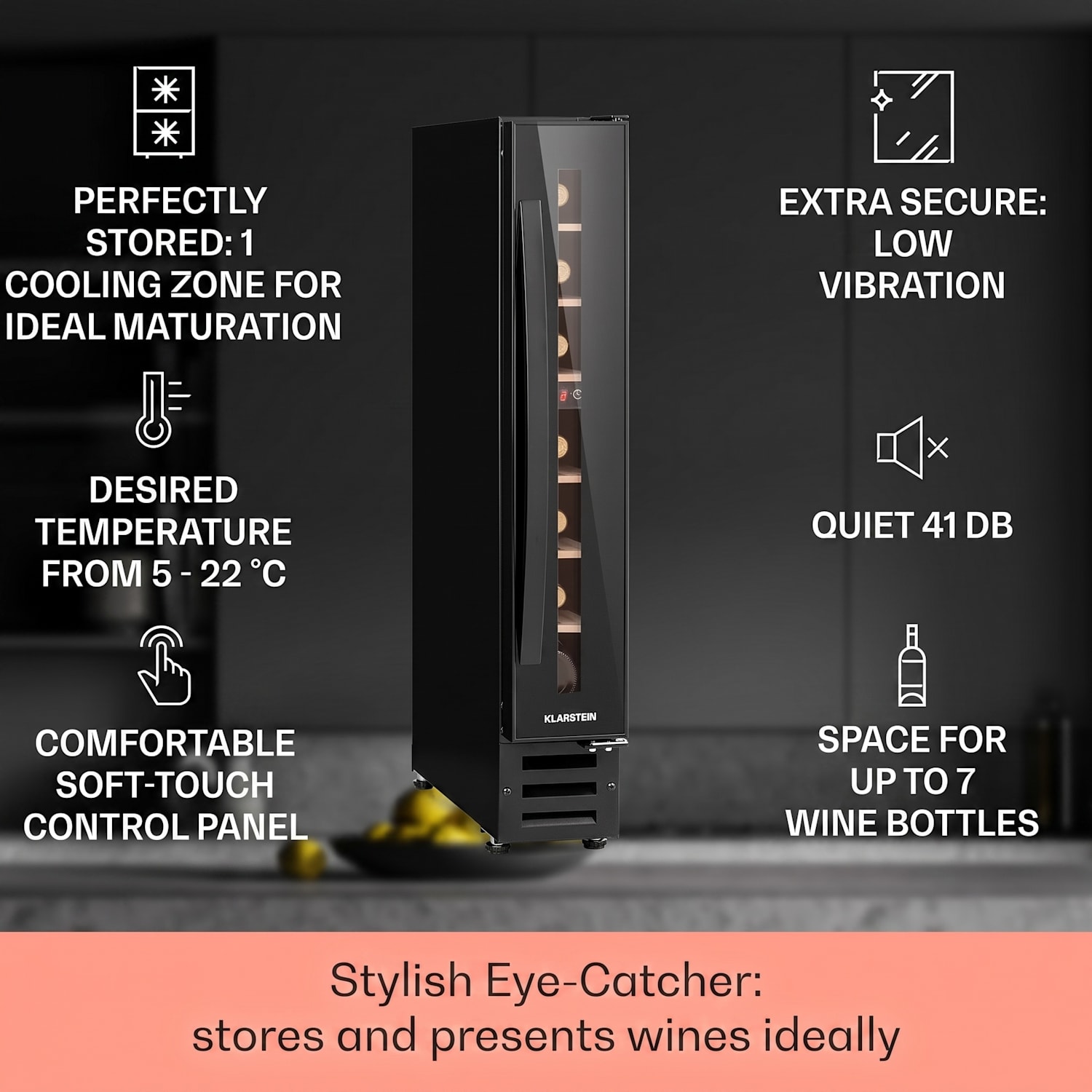 Vinovilla 7 Built-in Uno Onyx Frigorífico de vinho Vidro Preto Aço Inoxidável 7 garrafas | 1 compartimento de refrigeração | Preto