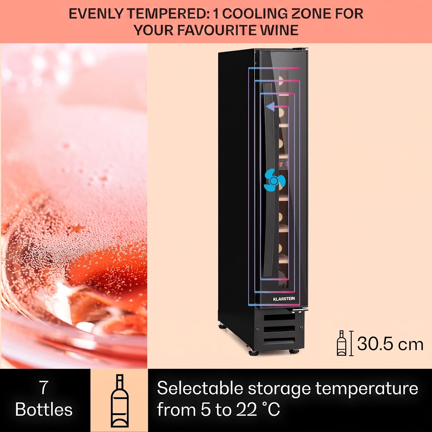 Vinovilla 7 Built-in Uno Onyx Frigorífico de vinho Vidro Preto Aço Inoxidável 7 garrafas | 1 compartimento de refrigeração | Preto