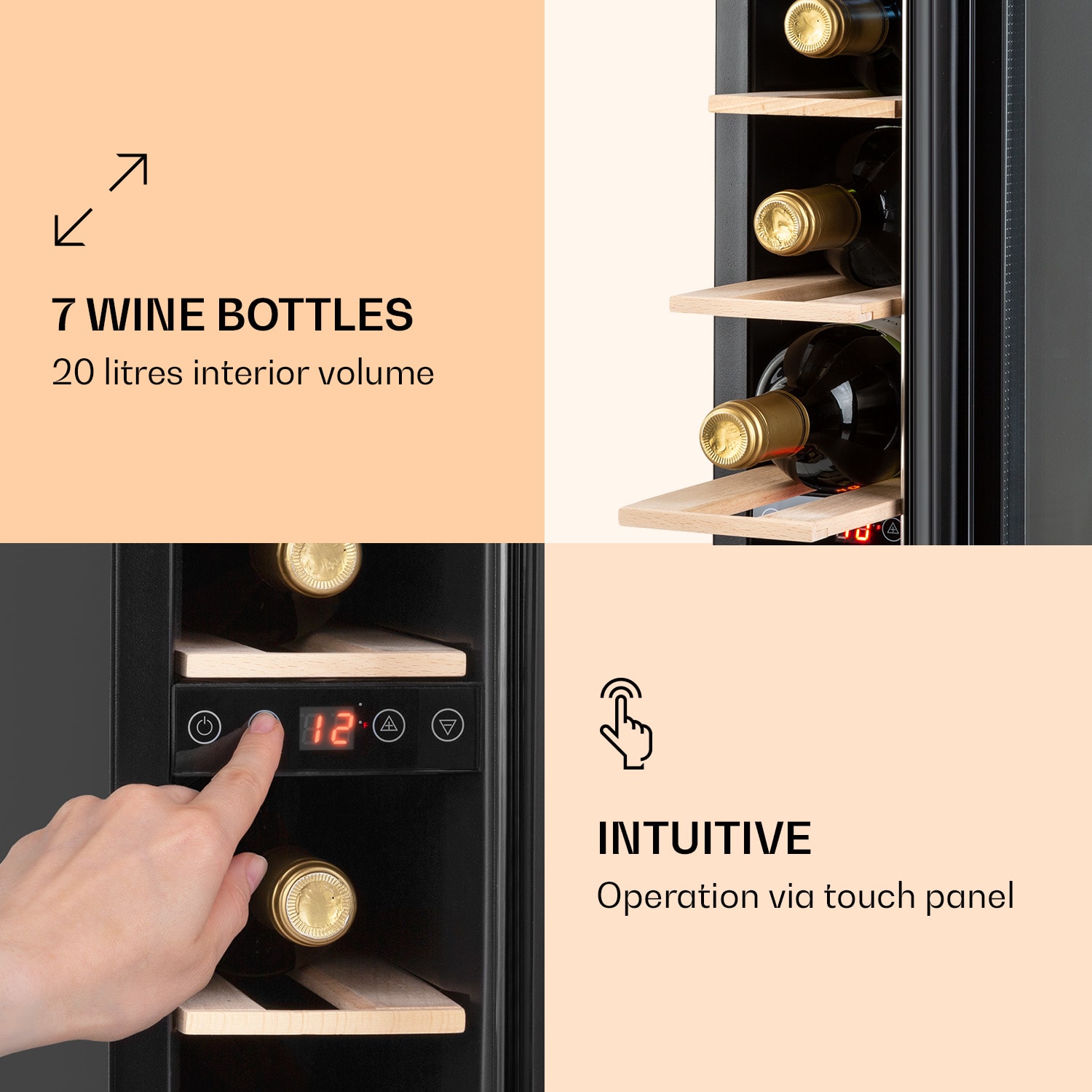 Vinovilla 7 Built-in Onyx Frigorífico integrado para vinos cristal negro Acero inoxidable 7 botellas | 1 zona de refrigeración | Negro