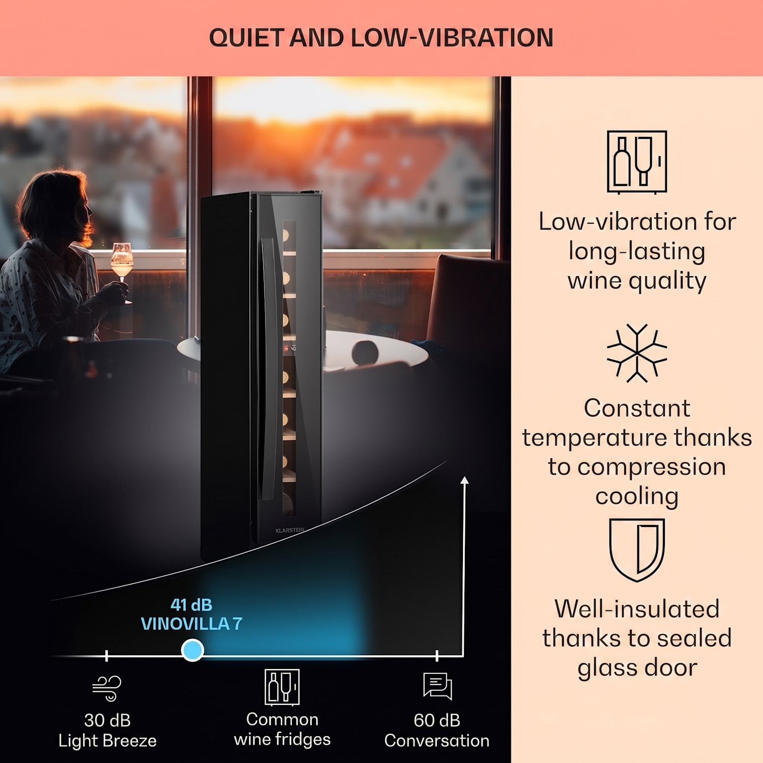 Vinovilla 7 Built-in Uno Onyx Frigorífico de vinho Vidro Preto Aço Inoxidável 7 garrafas | 1 compartimento de refrigeração | Preto