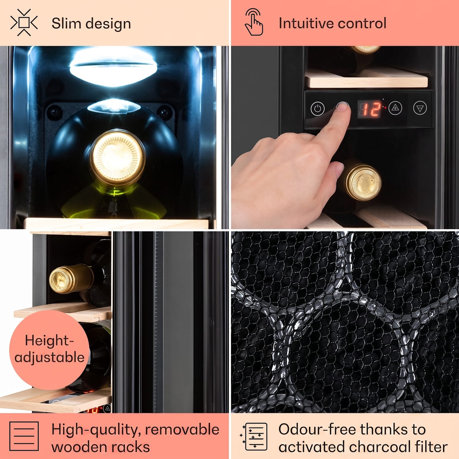 Vinovilla 7 Built-in Uno Onyx Frigorífico de vinho Vidro Preto Aço Inoxidável 7 garrafas | 1 compartimento de refrigeração | Preto