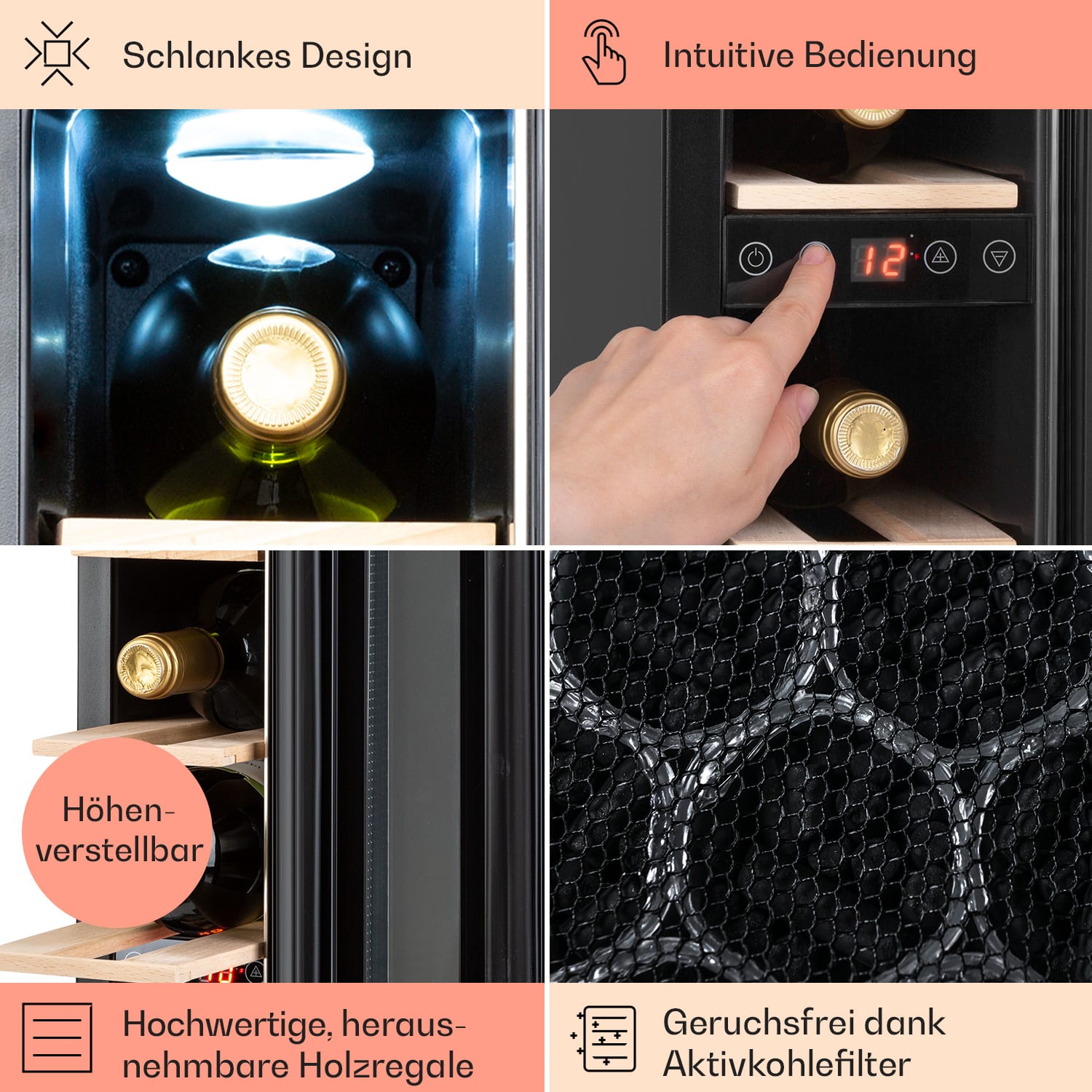 Vinovilla 7 Built-in Uno Einbau-Weinkühlschrank Glas Edelstahl 7 Flaschen | 1 Kühlzone | Edelstahl