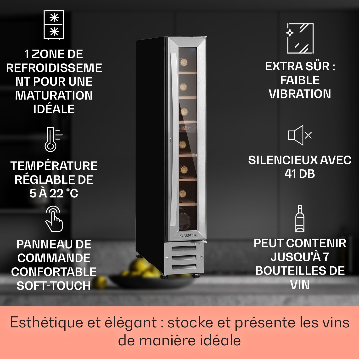 Vinovilla 7 Built-in Uno Onyx Cave à vin encastrable verre noir inox 7 bouteilles | 1 zone de conservation | Acier Inoxydable