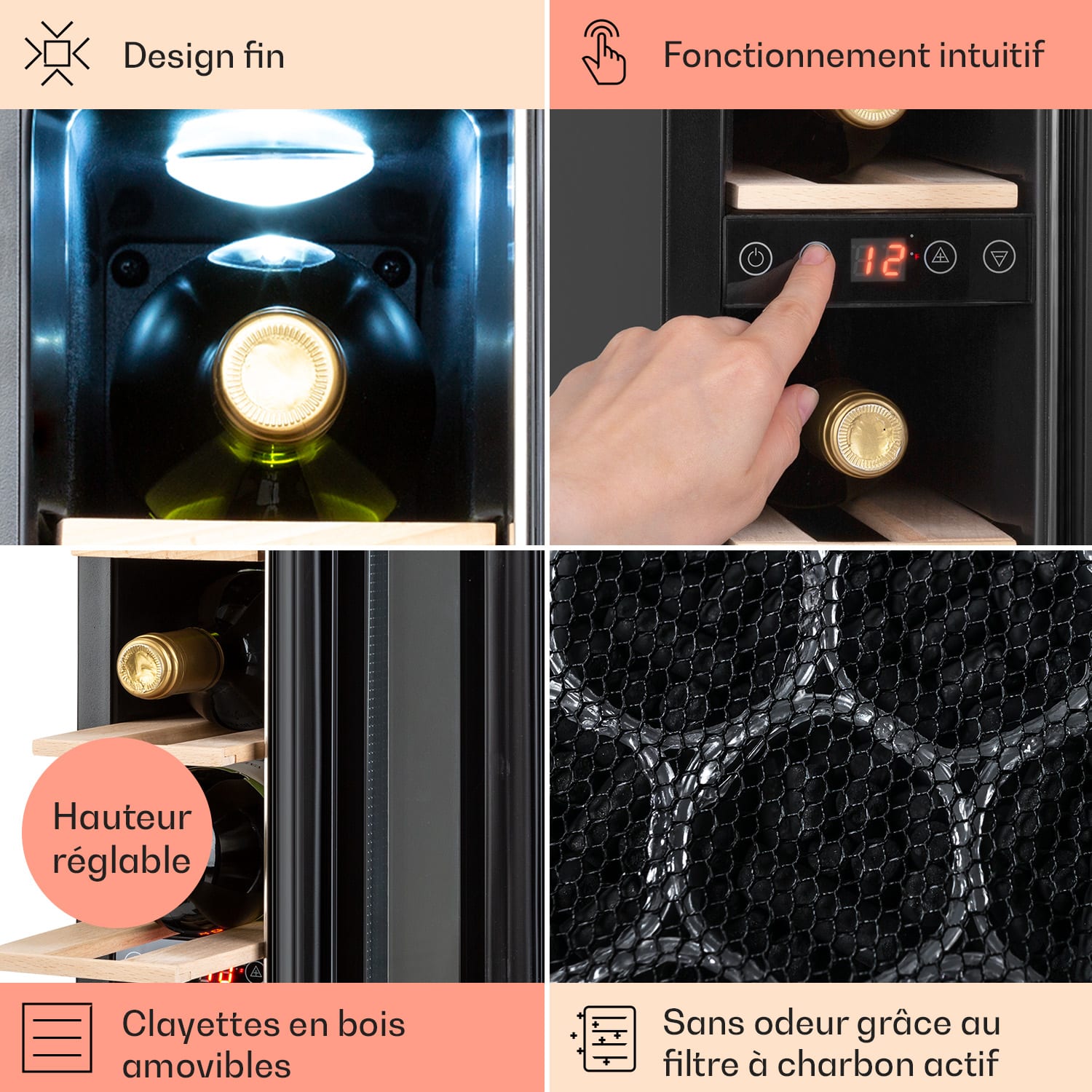 Vinovilla 7 Built-in Uno Onyx Cave à vin encastrable verre noir inox 7 bouteilles | 1 zone de conservation | Acier Inoxydable