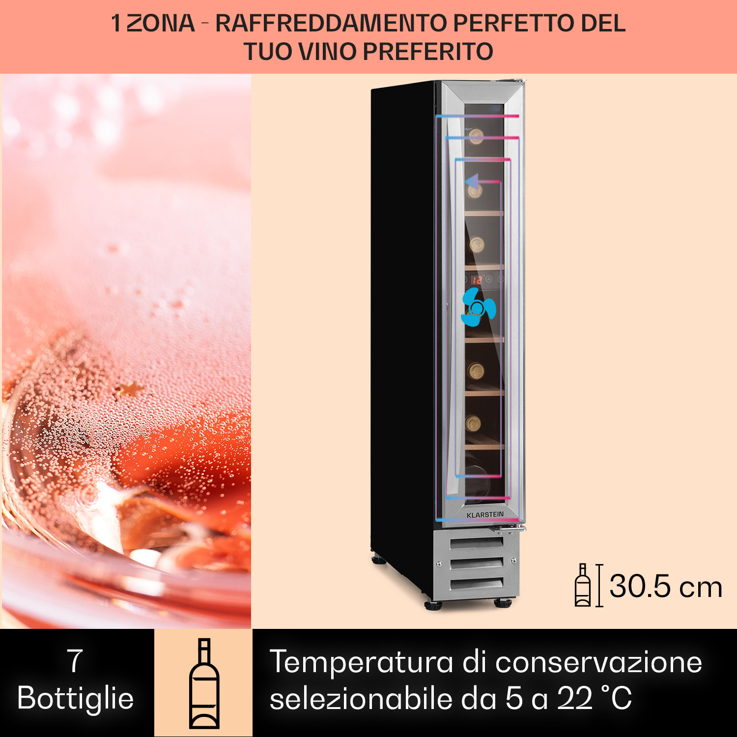 Vinovilla 7 Built-in Uno Frigorifero per vini da incasso vetro acciaio inox 7 bottiglie | 1 zona di raffreddamento | Acciaio inox