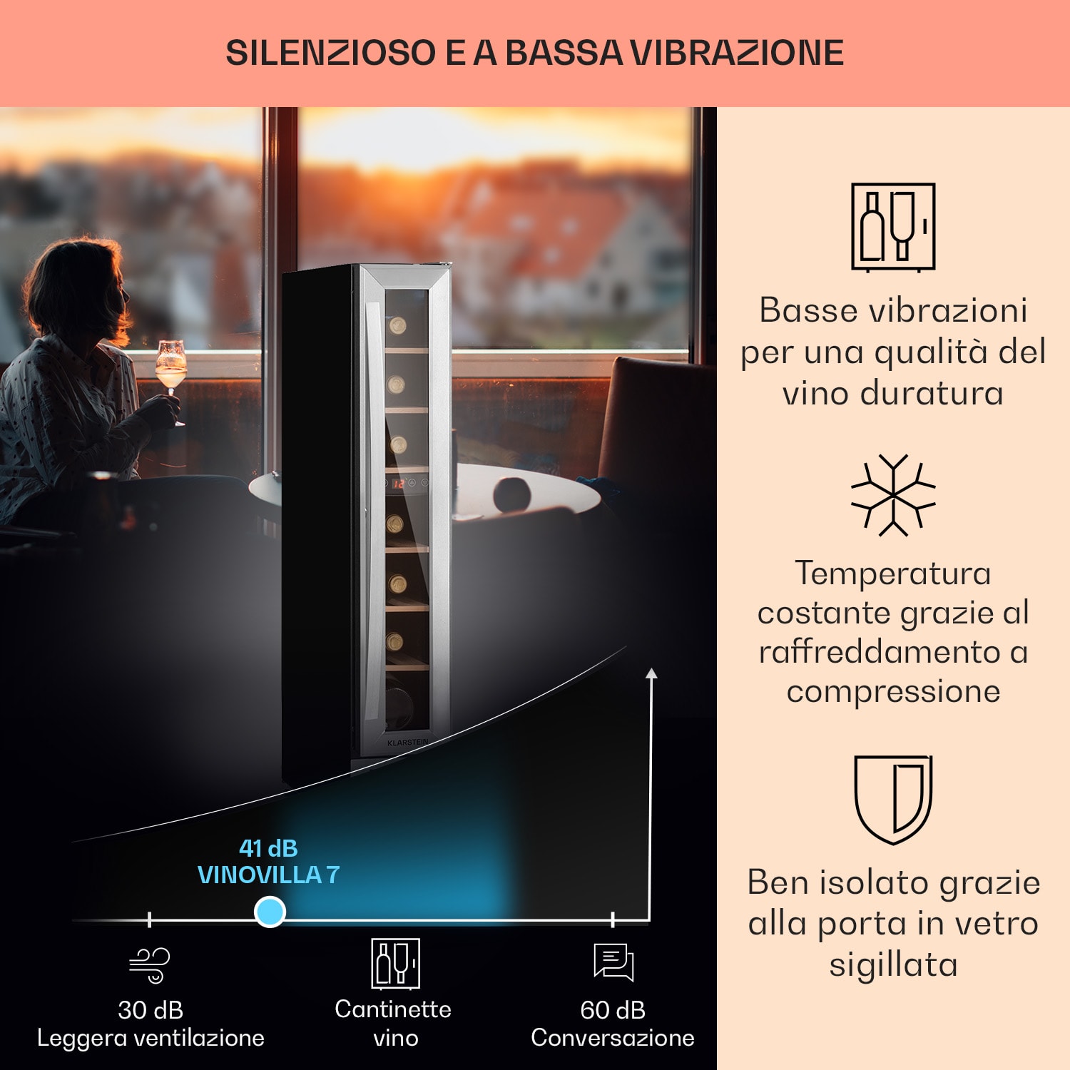 Vinovilla 7 Built-in Uno Frigorifero per vini da incasso vetro acciaio inox 7 bottiglie | 1 zona di raffreddamento | Acciaio inox