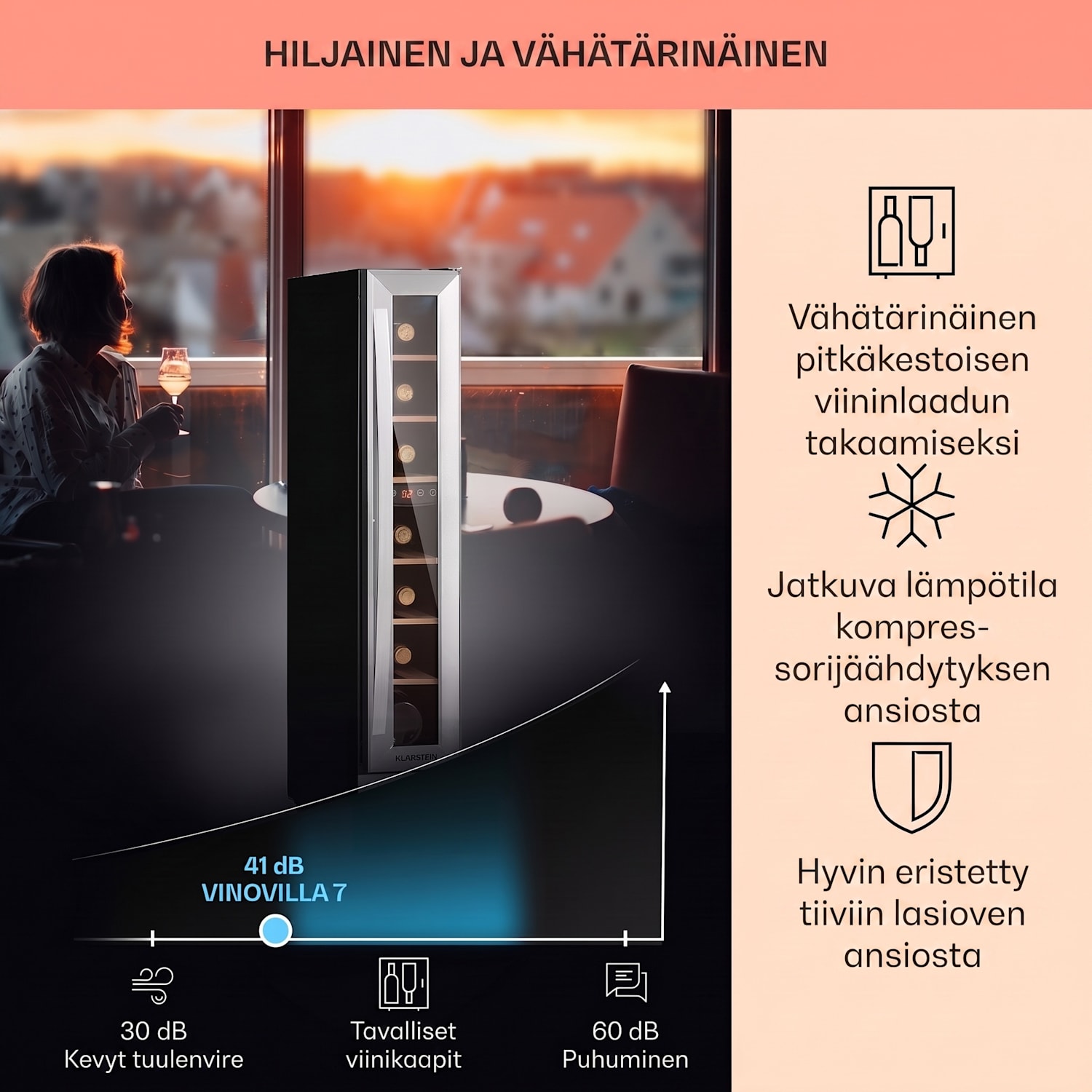 Vinovilla 7 Built-in Uno integroitava viinikaappi lasi ruostumaton teräs 7 pulloa | 1 jäähdytysalue | Ruostumaton Teräs