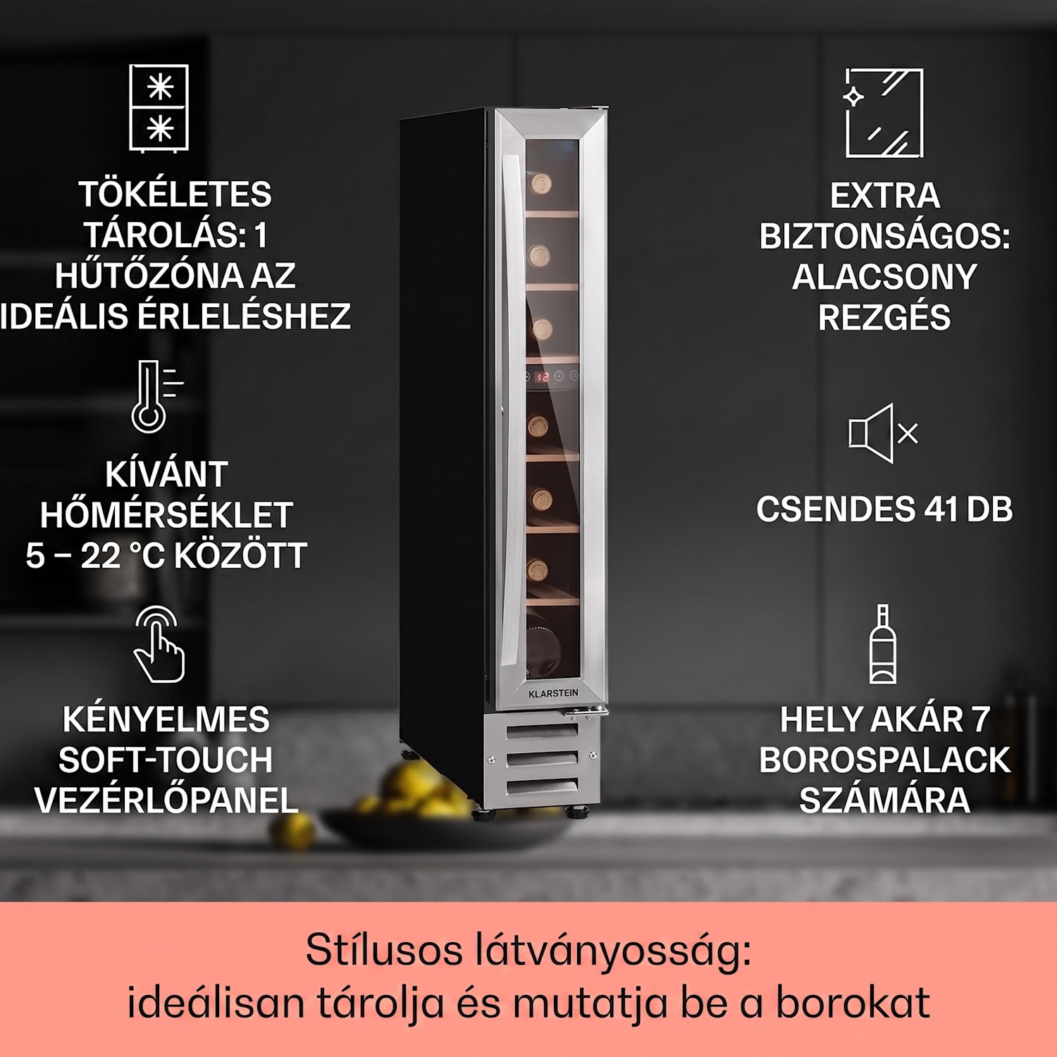 Vinovilla 7 built-in Uno, beépített borhűtő, üveg, rozsdamentes acél 7 palack | 1 hűtőzóna | Rozsdamentes acél